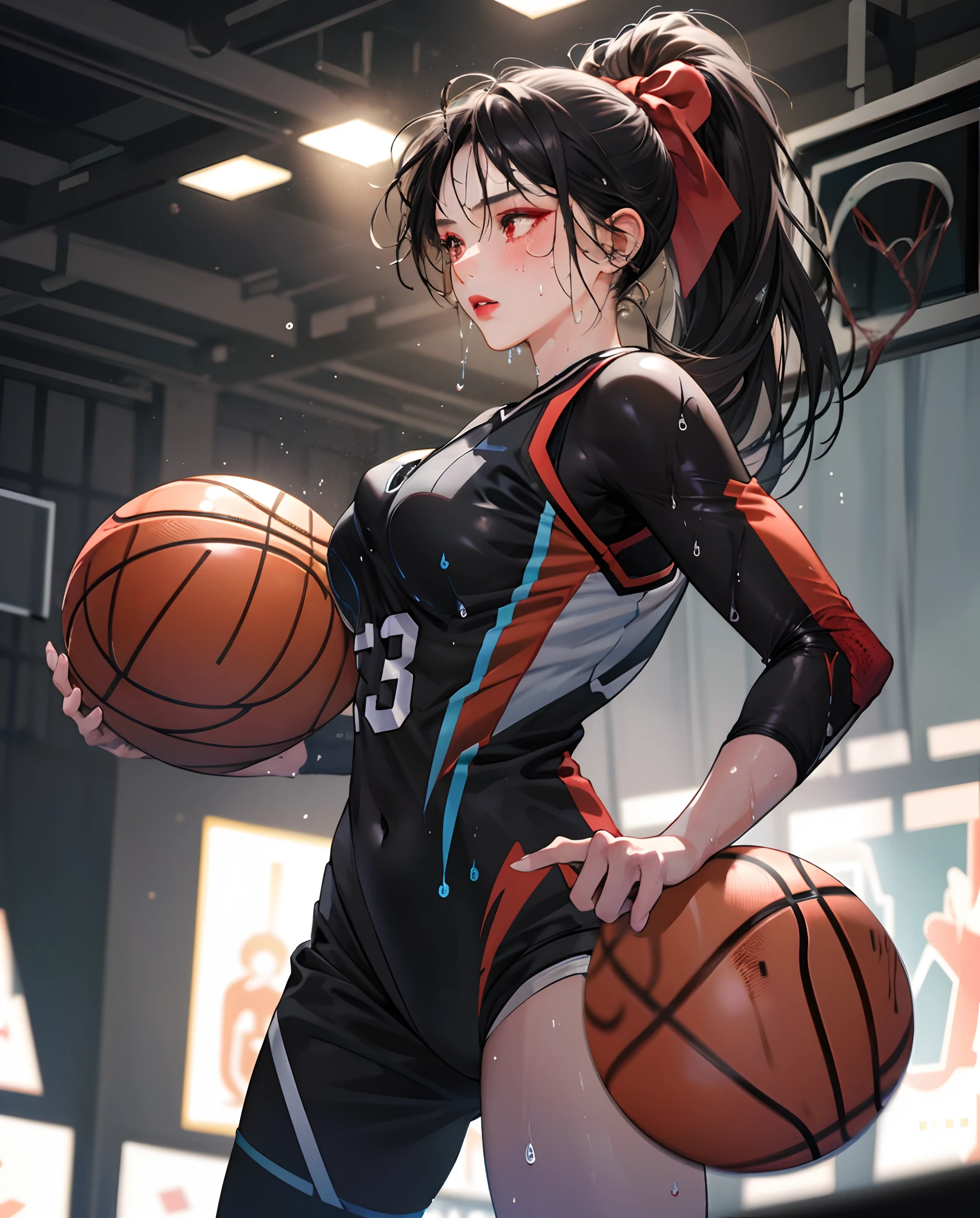 Masterpiece: 1.2, best quality), realistic, (real picture, rich details details, depth of field), (1girl, solo), makeup, cleft lip, high detail, perfect face shape, (big breasts: 1.4), (skindentation), thick thighs, wide buttocks, Thin waist, tall, coral, red lips, red eyes, ponytail, (((((basketball girl, transparent black basketball suit)))), (sweat: 1.2), (wet), sexy, blushing, sweaty