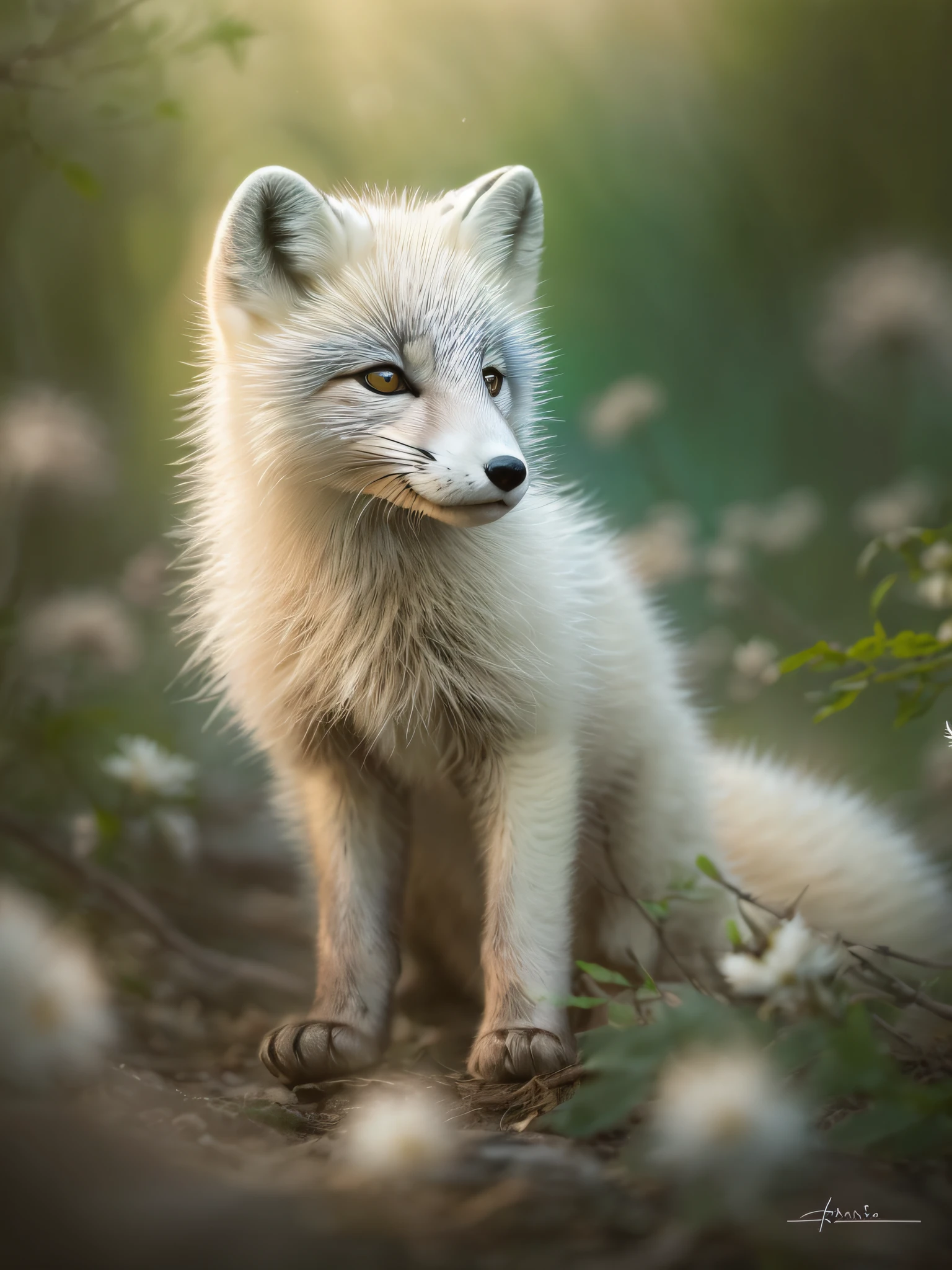 (Little baby:1.2)(Arctic fox)painting of a、Spectacular realistic photos、in woods、A lot of beautiful flowers、forest trees々、Sunlight、depth of fields、blurry backround、The tree々Add depth to your images with a backlight effect that filters sunlight、