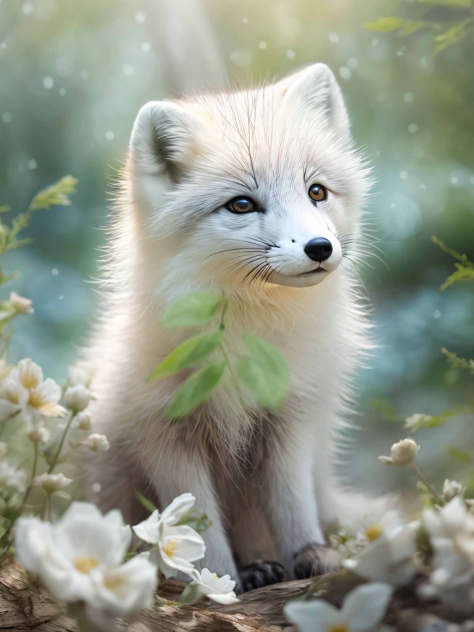 (Little baby:1.2)(Arctic fox)painting of a、Spectacular realistic photos、in woods、A lot of beautiful flowers、forest trees々、Sunlight、depth of fields、blurry backround、The tree々Add depth to your images with a backlight effect that filters sunlight、