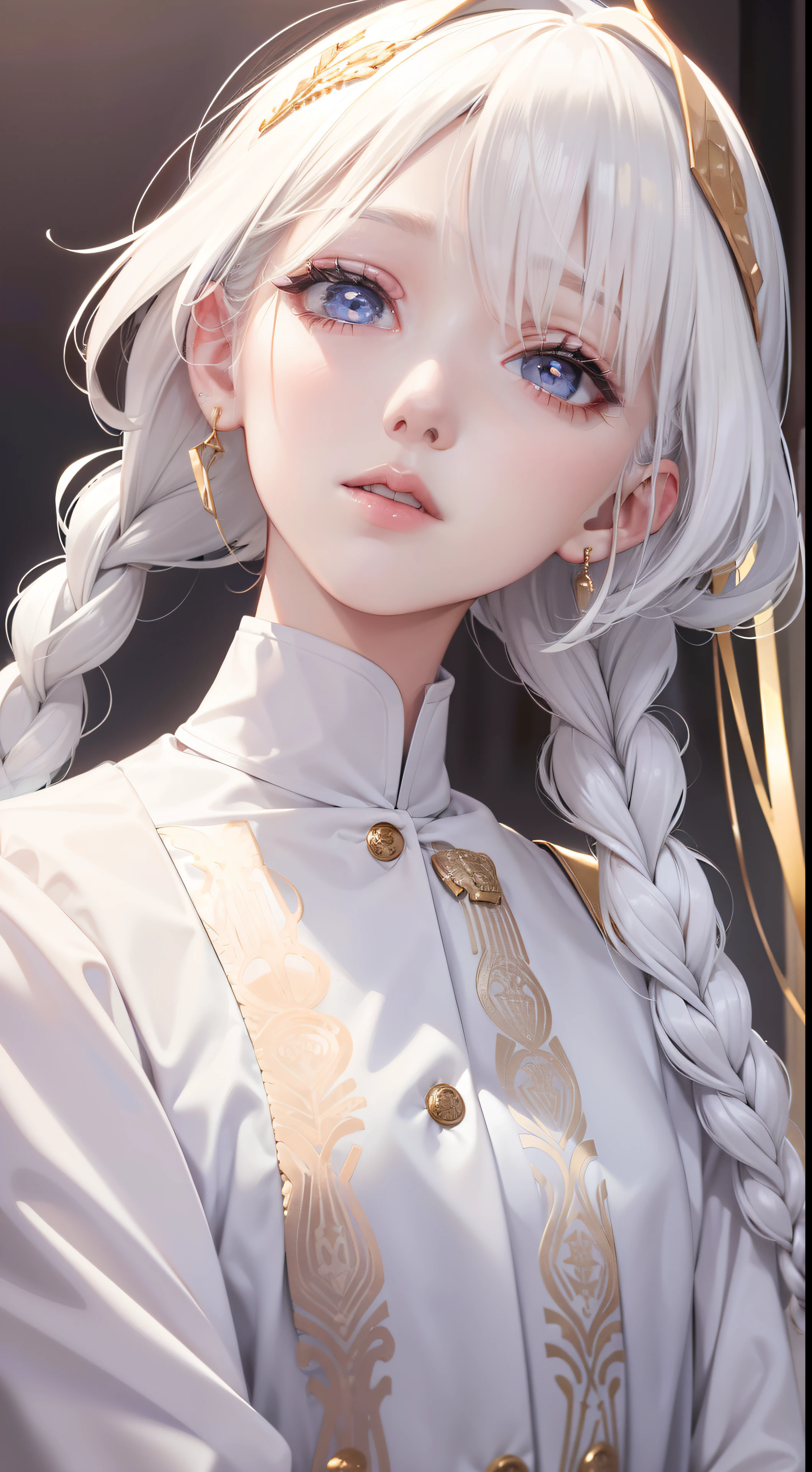 best quality, masterpiece,white hair, gold eyes,white clothes, looking up, upper body,hair strand,Fair skin,side braids