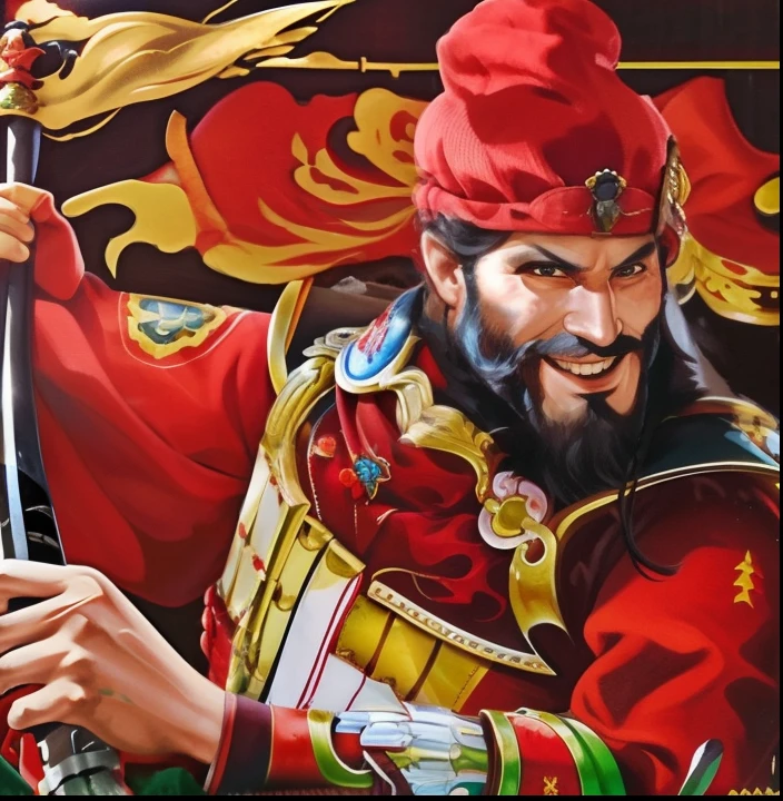 Close up portrait of bearded man with sword and red hat、Mountain scenery