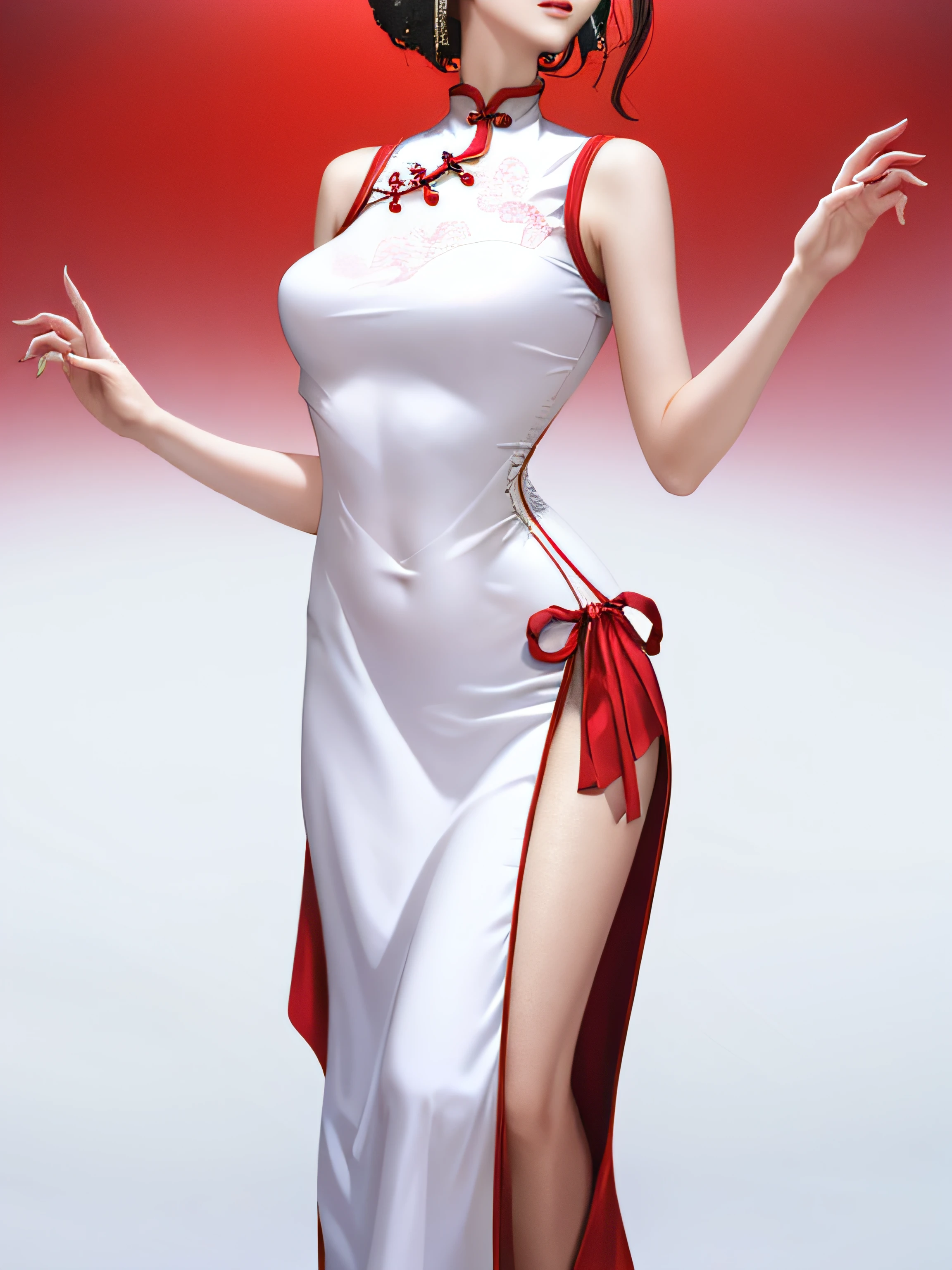 A woman who is,wearing cheongsam,The cheongsam is split on the side,Elegant posture