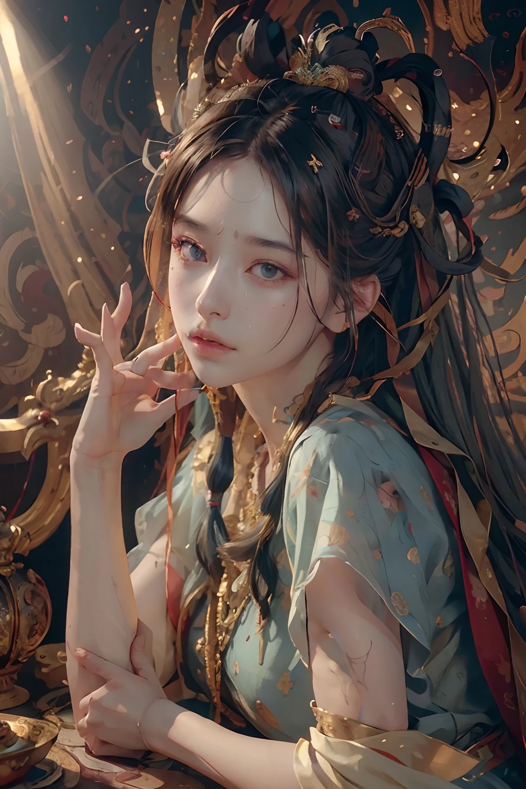 (RAW photo, best quality), (realistic, photo-realistic:1.3),best quality,highly detailed,masterpiece,ultra-detailed,illustration,1girl,upper_body,dynamic angle,world masterpiece theater,messy_long_hair,best quality,extremely detailed CG unity 8k wallpaper,ink,Amazing,cinematic lighting,lens_flare,,dunhuang_style