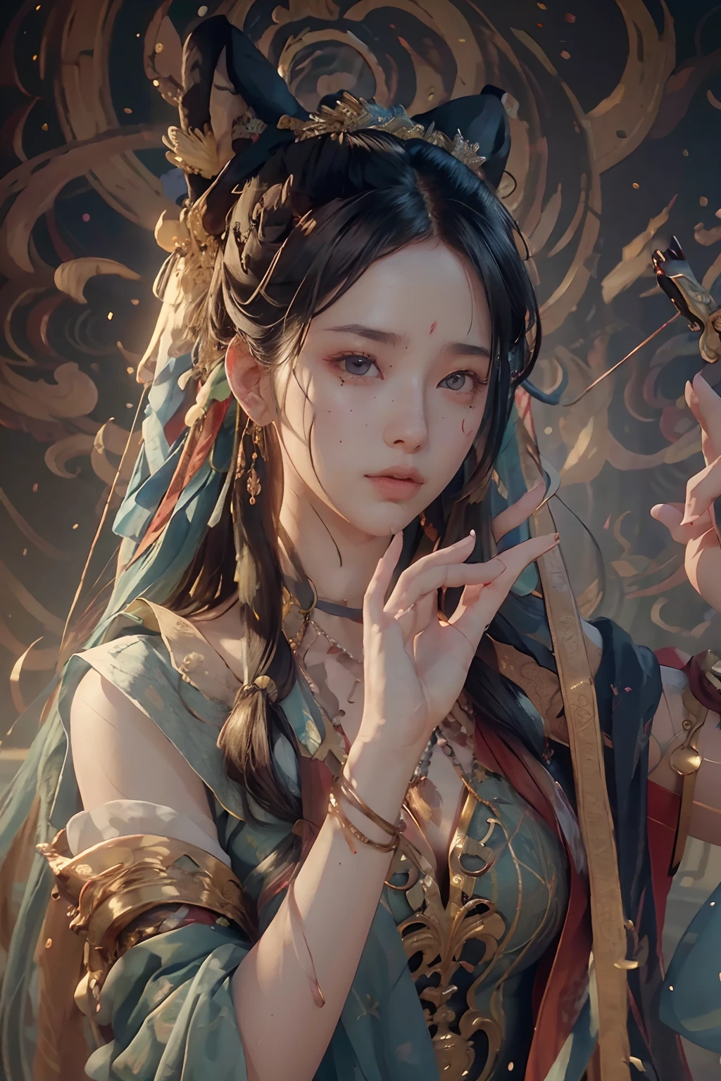 (RAW photo, best quality), (realistic, photo-realistic:1.3),best quality,highly detailed,masterpiece,ultra-detailed,illustration,1girl,upper_body,dynamic angle,world masterpiece theater,messy_long_hair,best quality,extremely detailed CG unity 8k wallpaper,ink,Amazing,cinematic lighting,lens_flare,,dunhuang_style