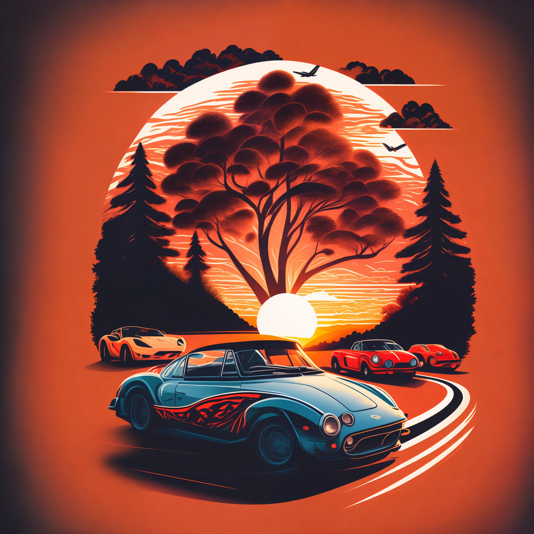 "Hand-drawn nostalgic T-shirt design featuring sports cars racing on a scenic road at sunset, with the shadow of a tree falling elegantly. Add dynamic characters to enhance the visual storytelling."