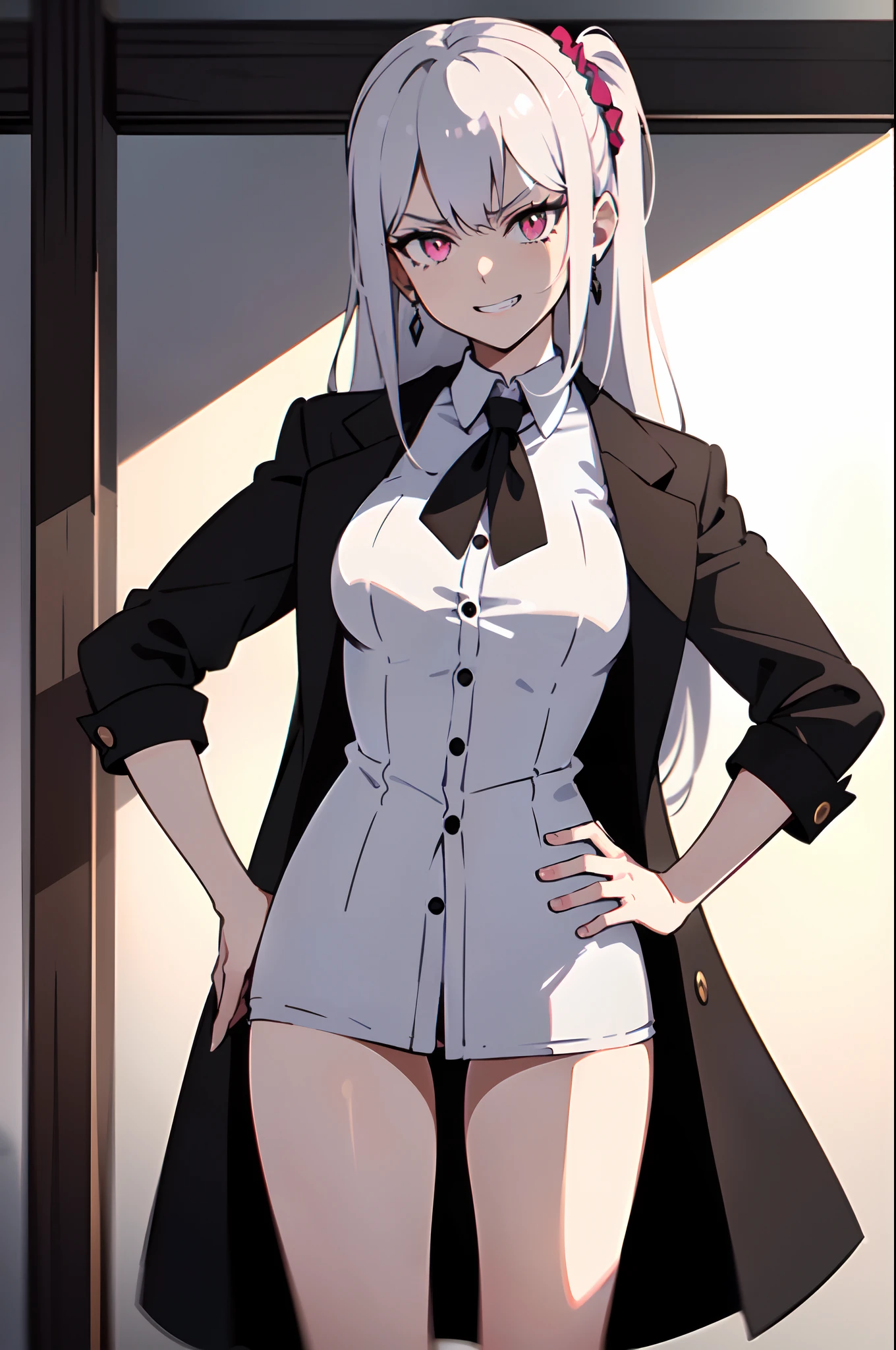 (((masterpiece, illustration, best quality))), 1girl, solo, (Scenenary: Indoors, in a pirate ship), ((wearing a white button shirt)) and a ((black fur-coated jacket, jacket on shoulders)), platinum white hair, pink eyes, grin, evil smile, sadistic smile, shaded eyes, long hair, ((low-tied long hair, tied with a scrunchie)),, medium-small breasts, perfect body, fit body, ((hand on hip)), standing, looking at viewer, head tilt, ultra-detailed, ((with a menacing mafia aura)), ((the mafia queen is looking down at the thugs, with a hand on her hip))