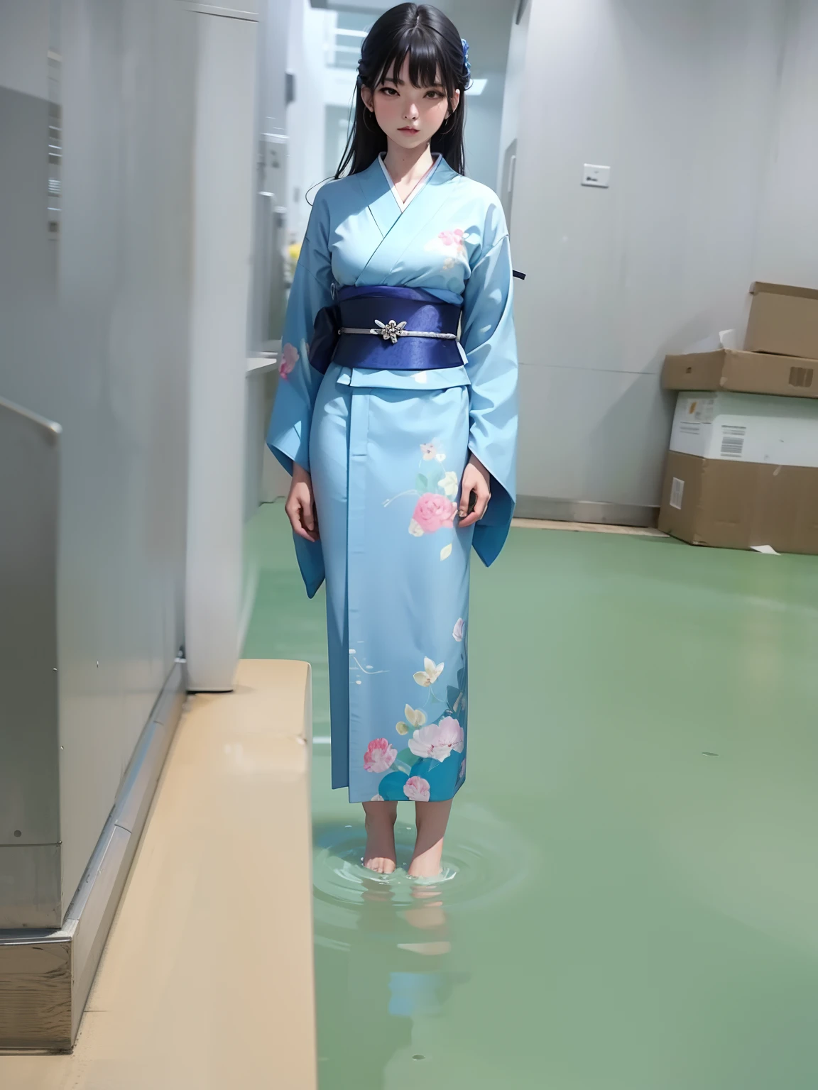 A two-dimensional beauty in a blue kimono standing and leaking out of her body