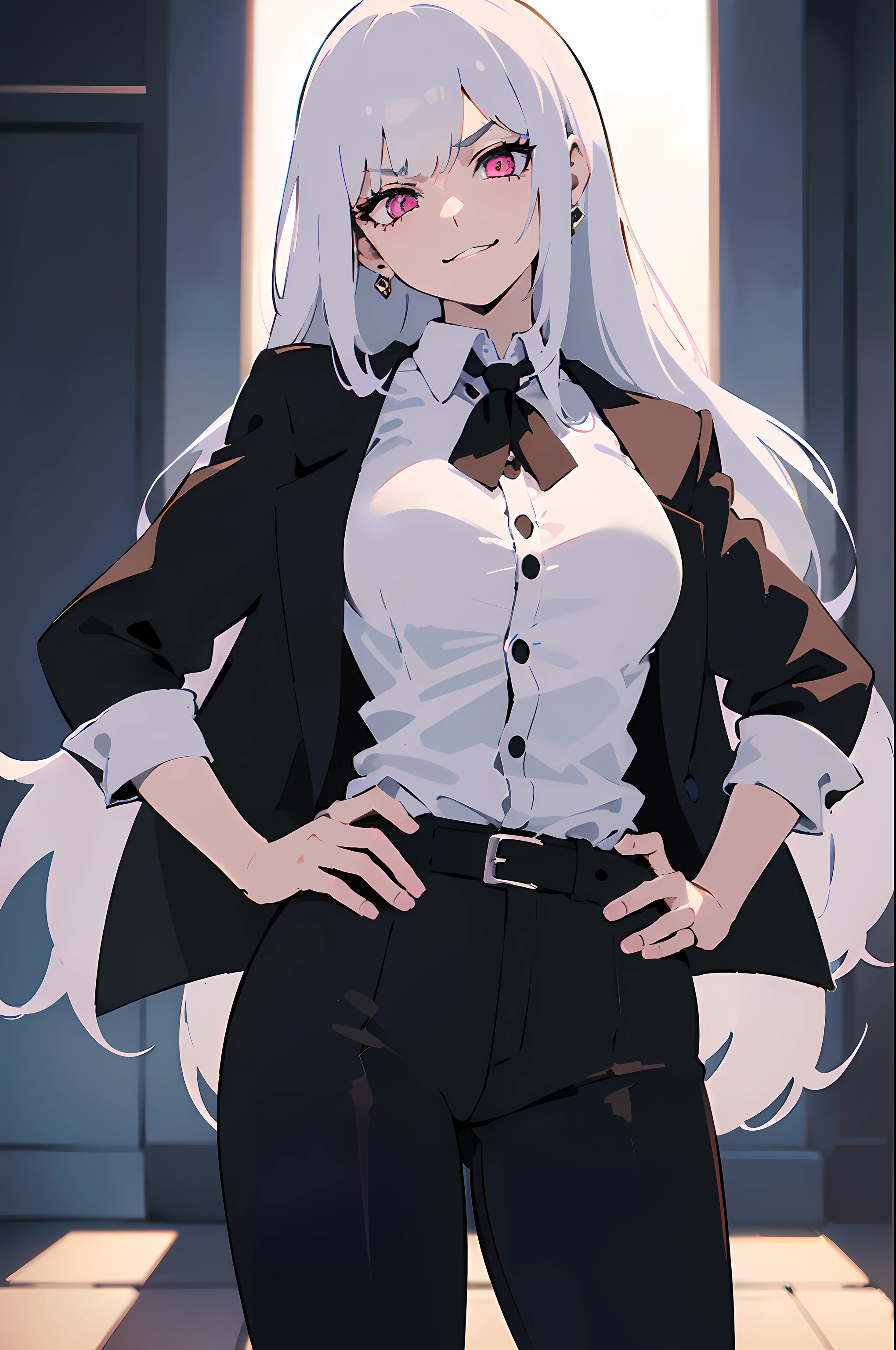 (((masterpiece, illustration, best quality))), 1girl, solo, (Scenenary: Indoors, in a pirate ship), ((wearing a white button shirt)) and a ((black fur-coated jacket, jacket on shoulders)), platinum white hair, pink eyes, grin, evil smile, sadistic smile, shaded eyes, long hair, ((low-tied long hair, tied with a scrunchie)),, medium-small breasts, perfect body, fit body, ((hand on hip)), standing, looking at viewer, head tilt, ultra-detailed, ((with a menacing mafia aura)), ((the mafia queen is looking down at the thugs, with a hand on her hip))