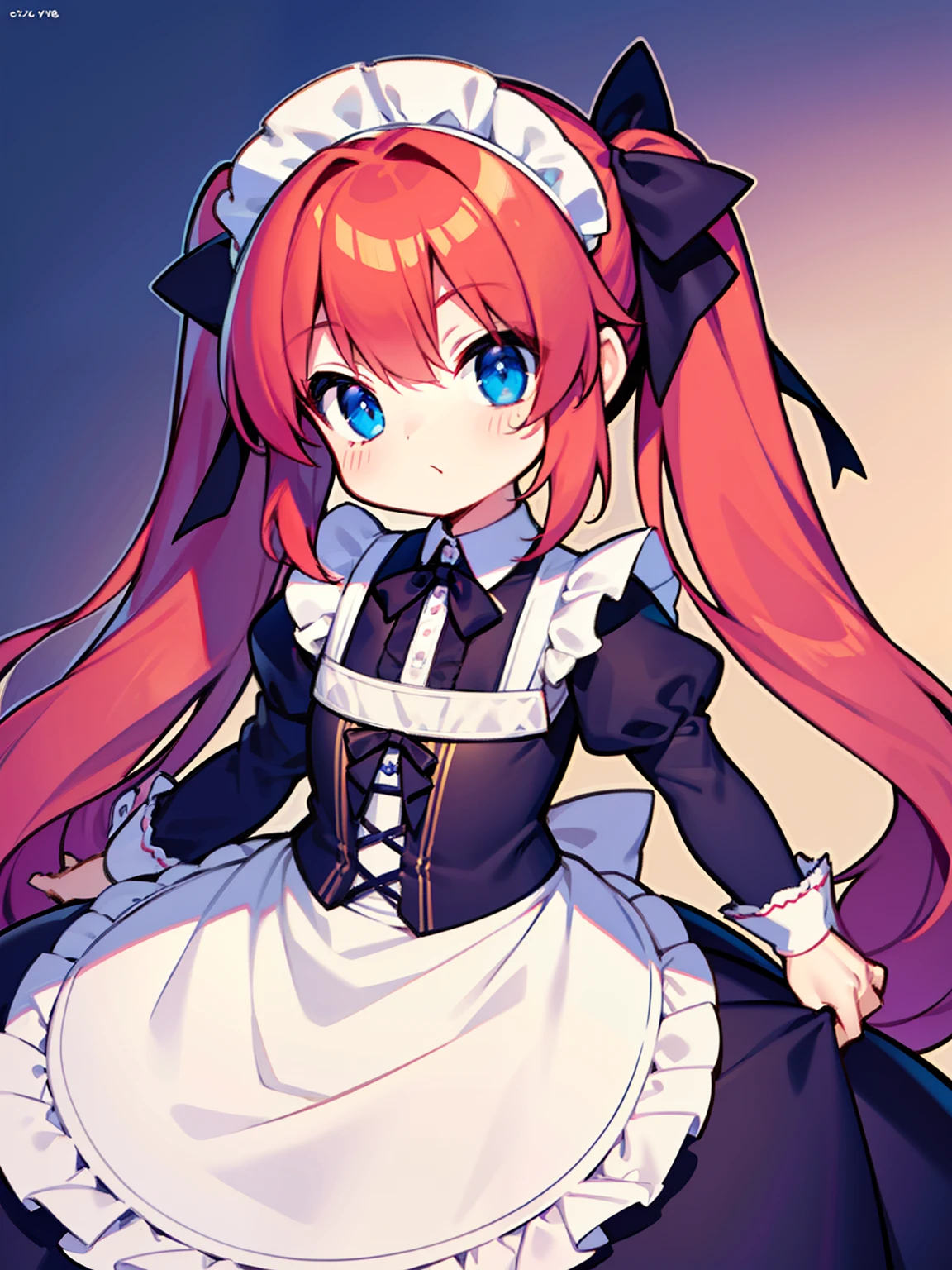{{best quality}}, {{masterpiece}}, {{ultra-detailed}}, {illustration}, {detailed light}, red hair,blue eyes,twintails,maid, long hair, long sleeves, gothic, solo, li,liirl,cute