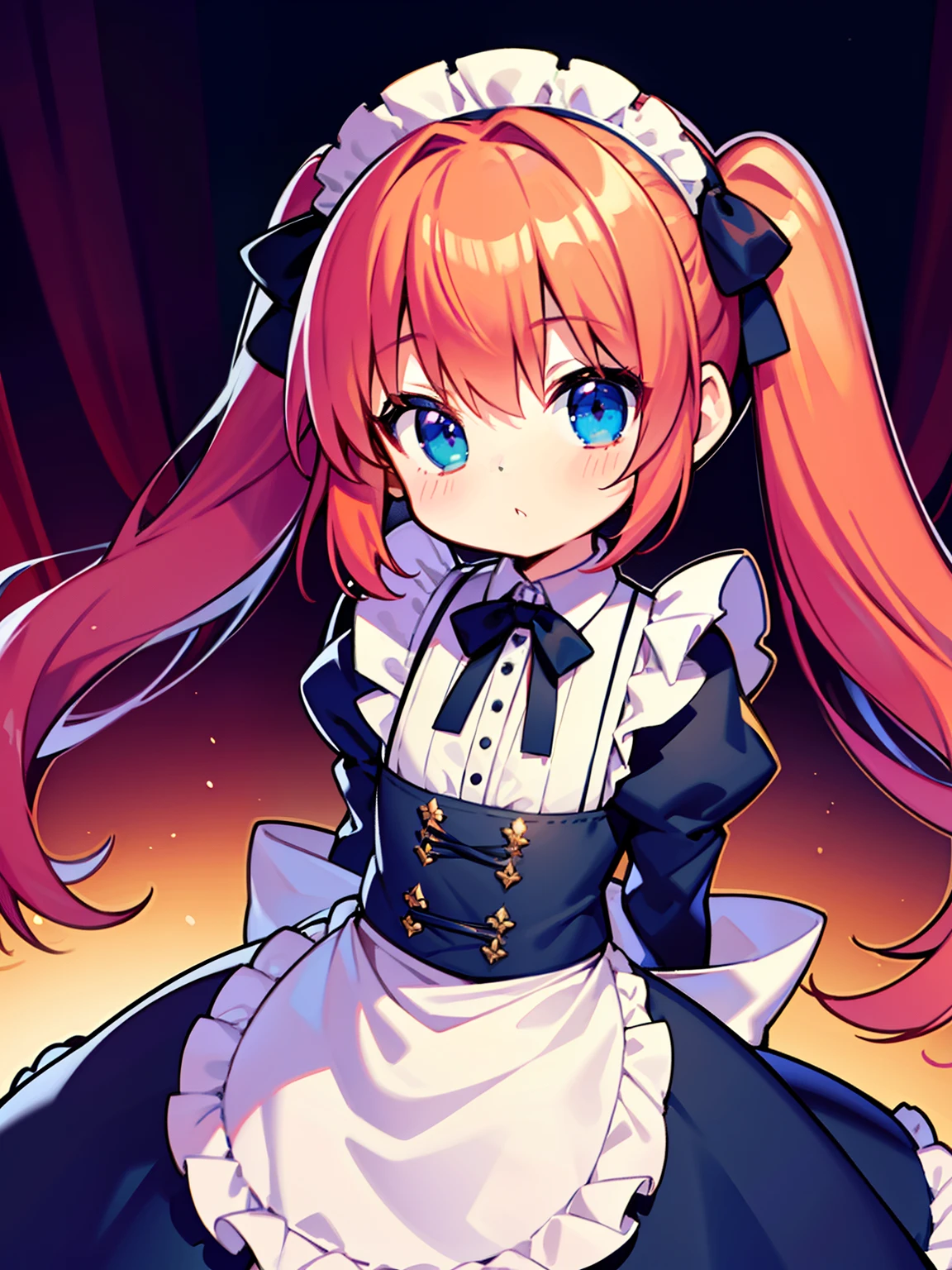 {{best quality}}, {{masterpiece}}, {{ultra-detailed}}, {illustration}, {detailed light}, red hair,blue eyes,twintails,maid, long hair, long sleeves, gothic, solo, li,liirl,cute