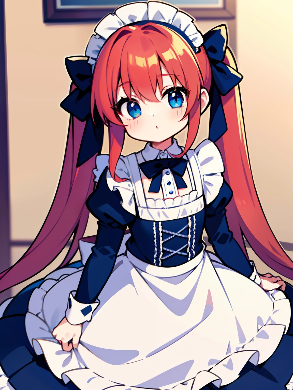 {{best quality}}, {{masterpiece}}, {{ultra-detailed}}, {illustration}, {detailed light}, red hair,blue eyes,twintails,maid, long hair, long sleeves, gothic, solo, loli,little girl,cute