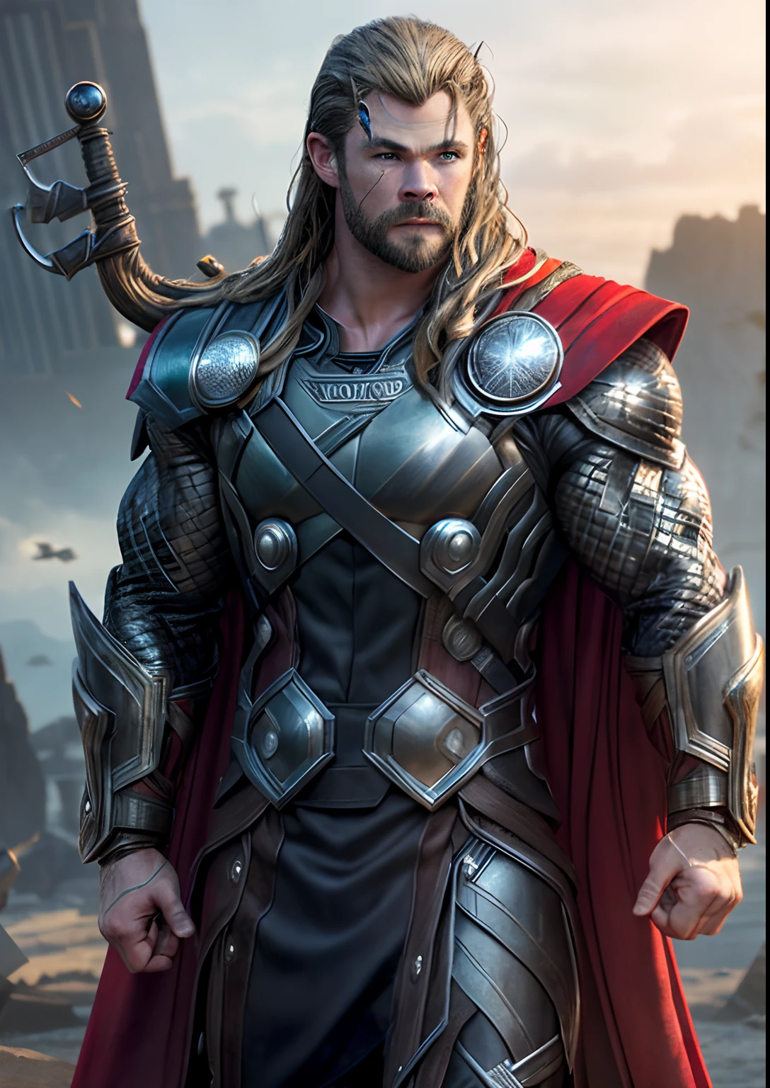 (photorealistic), (dramatic), (fantasy render), concept art, (full torso), (3/4 view:1.17), (Thor steampunk style), (((Thor Odinson|Chris Hemsworth))), brass:1.3, metals, gears, intricate, weathered, (red cape:1.33), realistic, volumetric lighting, simple background, masterpiece, centered