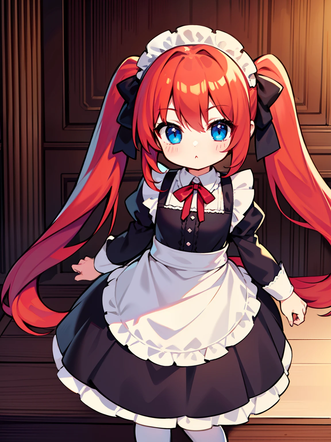 {{best quality}}, {{masterpiece}}, {{ultra-detailed}}, {illustration}, {detailed light}, red hair,blue eyes,twintails,maid, long hair, long sleeves, gothic, solo, loli,little girl,cute