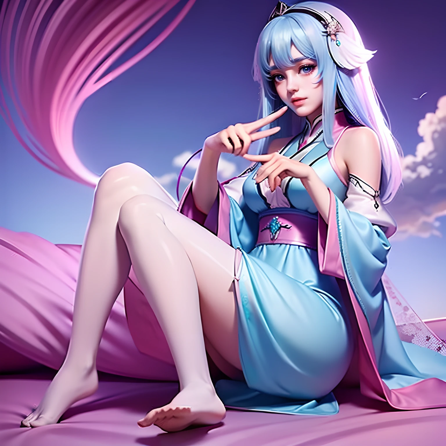 Beautiful woman in period pajamas，Peerless looks，Anime goddess，shift dresses，Jade foot，Long pink and blue hair，blue color eyes，cotton cloud mage robes，onbed