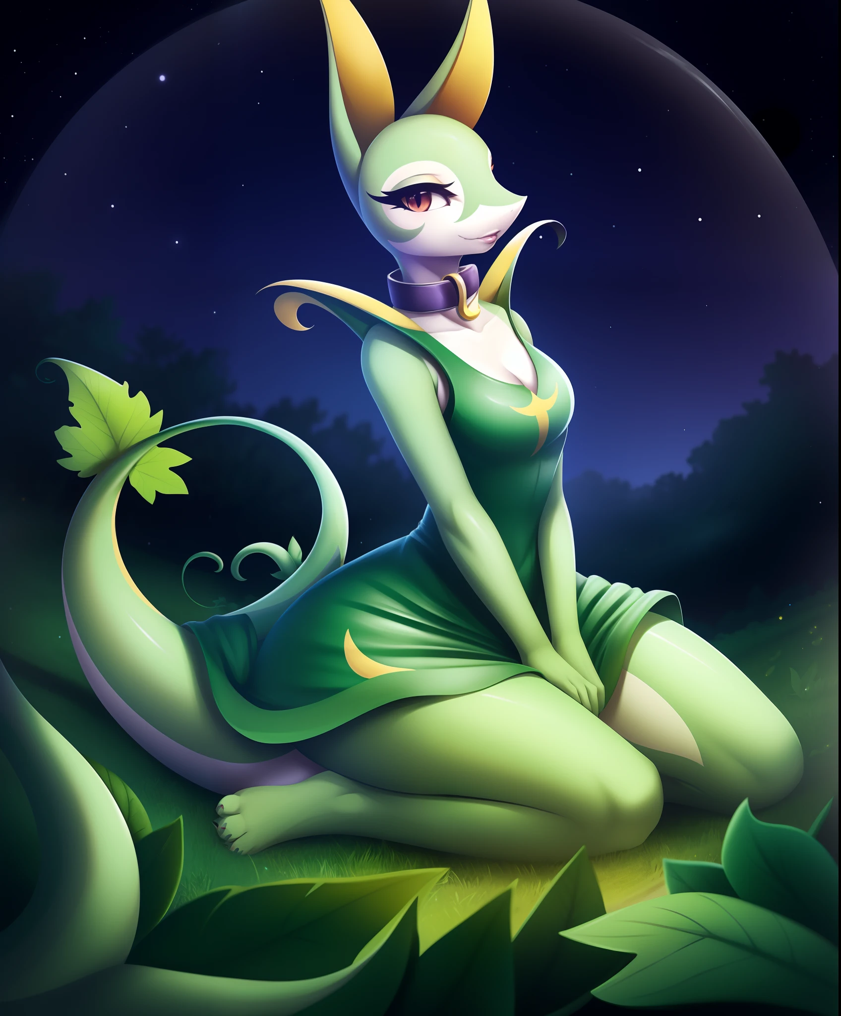 serperior, furry female, anthro, reptile girl, (high collar:1.3), animal ears, solo, (vine tail:1.3), (best quality), (close:1.3), (detailed night nature background:1.2), leaf-dress, (fisheye:1.2), diffuse lighting, night, night sky, stars, (detailed skin:1.1), looking at viewer, parted lips, animal feet, toes, fingers,