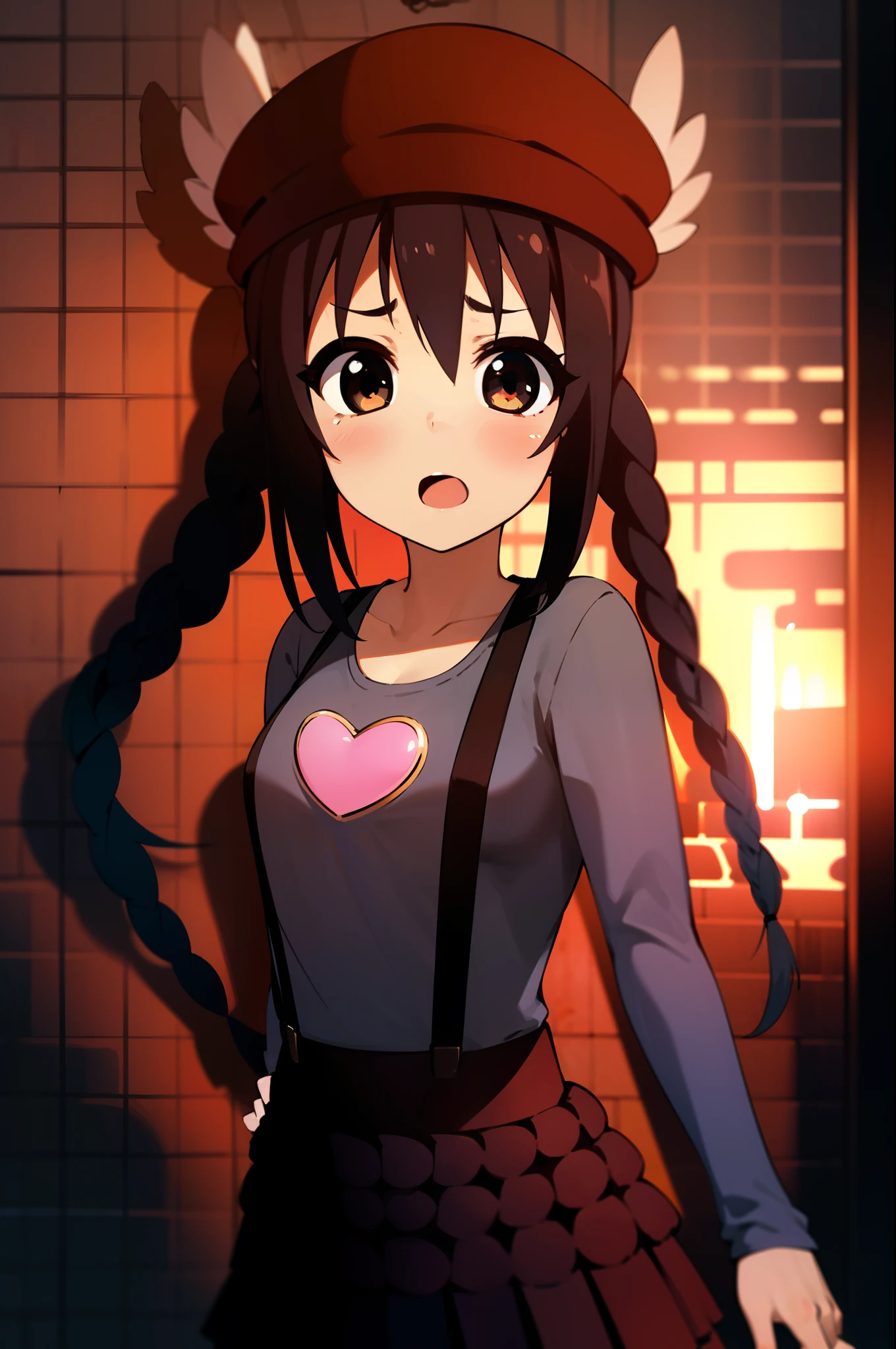 1girl, (((​masterpiece))), top-quality, top-quality, High Details, nakano azusa, 1girl, Twin-tailed, length hair, A dark-haired, brown-eyed, Gray T-shirt.suspenders.a black skirt.illustratio, comic strip, soothing tones, Subdued Color, Soft cinematic light, adobe lightroom, photolab, HDR, intricately and hyper-detailed、(((depth of fields))))。(((​masterpiece)))。(((top-quality))).)((ultra-detailliert)))。(((illustratio)))。(((takeout))).dynamic focus.big breasts.(((Skyscrapers))).(((A city scape))).(((Face of sadness))). open mouth.(((fighting stance))).(((up chest))).((evening glow)).((the setting sun)).(((Heart on chest))).Feathered hat