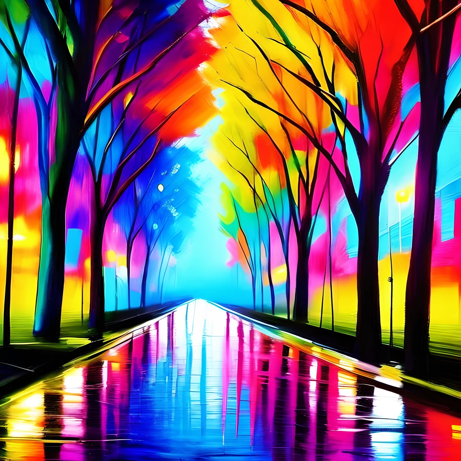 abstract painting of trees street, cyberpunk, vivid colors
