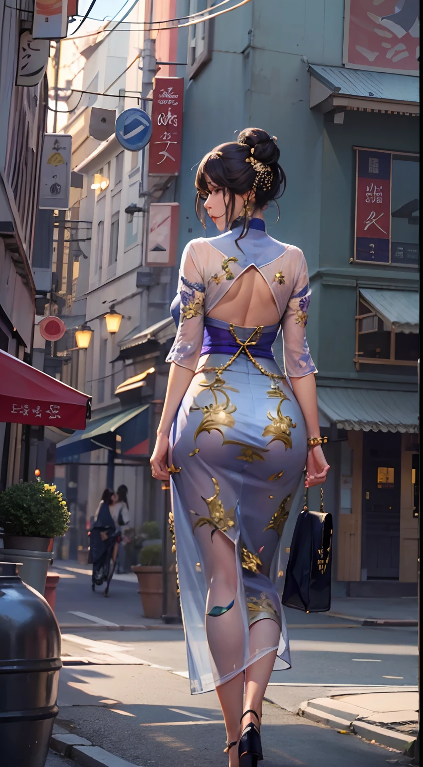 A Japanese woman walking in the city，Buildings，A plant，ssmile，Mixed Korean，The background is blurred out，focal，电影灯光，(((tmasterpiece))), ((best qualtiy)), ((Complex and detailed)), ((ultra-realistic realism)), Ridiculous resolution, A MILF, Mature woman, ssee-through, highly  detailed, illustratio, 1girll, (huge tit), Thin waist and thick hips，long leges，beatiful detailed eyes, short detailed hair, brunette color hair, a purple eye, (Ceremonial attire:1.2), on cheongsam，offcial dress，Lace，gossamer，（underdressing）, pantiess, 耳Nipple Ring, （stocklings），high-heels, detailed back ground, perfect  eyes, Seductive eye, looking at viewert, From the front，Wear light，