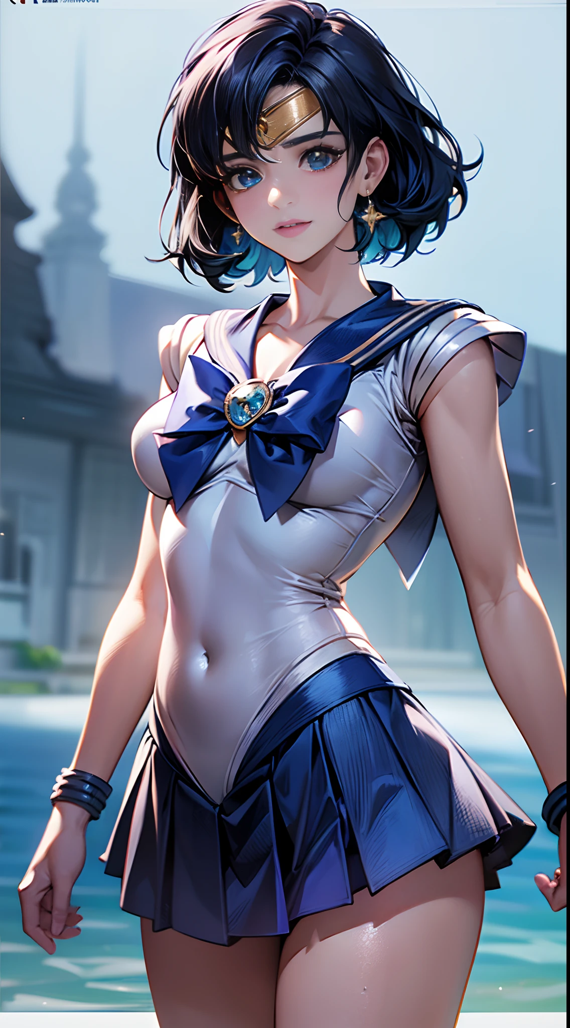((Best Quality)), ((Masterpiece)), (detail: 1.4), 3D, , (Sailor Moon: 2.1) ((Ami Mizuno/Sailor Crystal, Sailor Mercury)), charming smile, short hair, short blue hair, leaky belly button, vibrant blue eyes, short skirt, white top, looking at the viewer,, background of the sea in Pattaya, Thailand, dynamic pose, (excellent detail, outstanding lighting, wide angle), HDR (High Dynamic Range), ray tracing, NVIDIA RTX, Super Resolution, Unreal 5, Subsurface Scattering, PBR Textures, Post Processing, Anisotropic Filtering, Depth of Field, Maximum Sharpness and Acutance, Multi-Layer Textures, Albedo and Highlight Mapping, Surface Shading, Accurate Simulation of Light-Material Interactions, Perfect Proportions, Octane Rendering, Two-tone Lighting, Wide Aperture, Low ISO, White Balance, Rule of Thirds, 8K RAW
