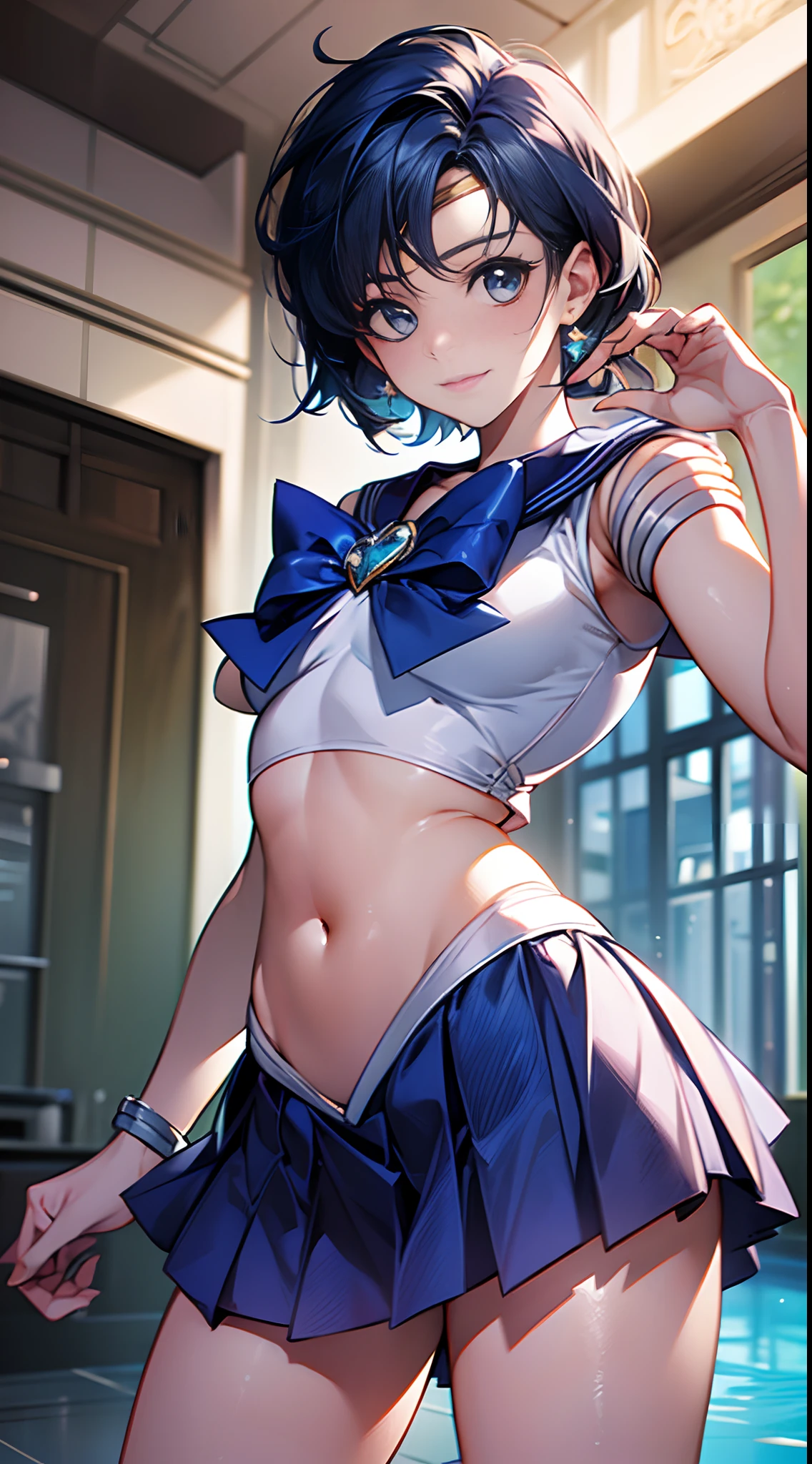 ((Best Quality)), ((Masterpiece)), (detail: 1.4), 3D, , (Sailor Moon: 2.1) ((Ami Mizuno/Sailor Crystal, Sailor Mercury)), charming smile, short hair, short blue hair, leaky belly button, vibrant blue eyes, short skirt, white top, looking at the viewer,, background of the sea in Pattaya, Thailand, dynamic pose, (excellent detail, outstanding lighting, wide angle), HDR (High Dynamic Range), ray tracing, NVIDIA RTX, Super Resolution, Unreal 5, Subsurface Scattering, PBR Textures, Post Processing, Anisotropic Filtering, Depth of Field, Maximum Sharpness and Acutance, Multi-Layer Textures, Albedo and Highlight Mapping, Surface Shading, Accurate Simulation of Light-Material Interactions, Perfect Proportions, Octane Rendering, Two-tone Lighting, Wide Aperture, Low ISO, White Balance, Rule of Thirds, 8K RAW