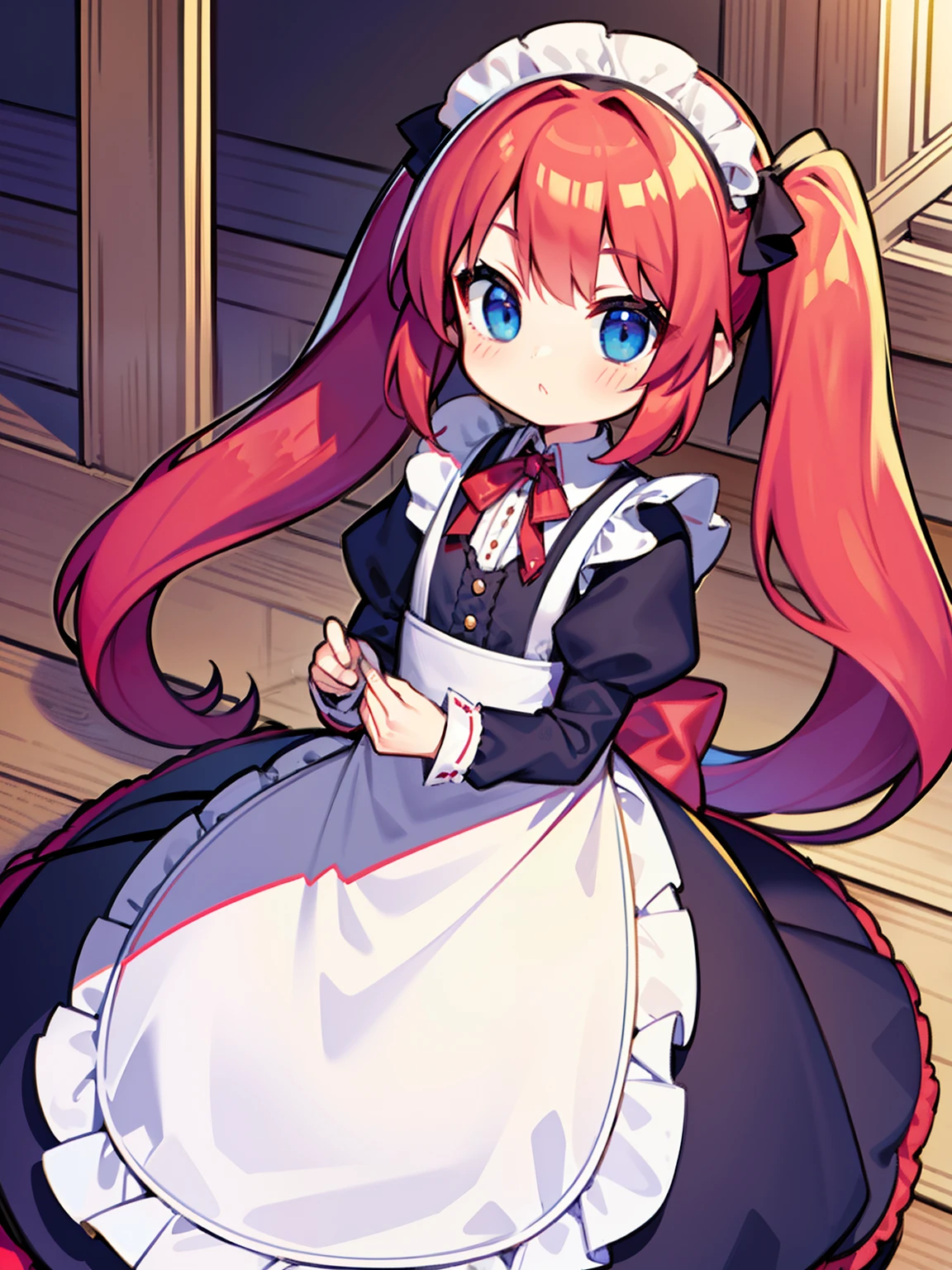 {{best quality}}, {{masterpiece}}, {{ultra-detailed}}, {illustration}, {detailed light}, red hair,blue eyes,twintails,maid, long hair, long sleeves, gothic, solo, loli,little girl,cute
