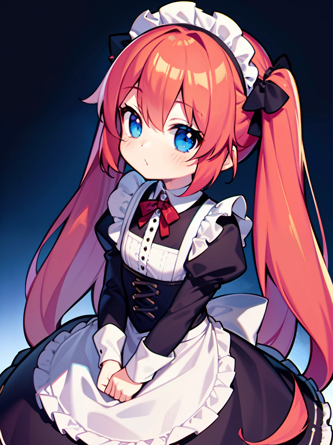 {{best quality}}, {{masterpiece}}, {{ultra-detailed}}, {illustration}, {detailed light}, red hair,blue eyes,twintails,maid, long hair, long sleeves, gothic, solo, loli,little girl,cute
