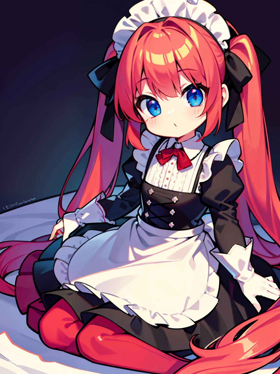 {{best quality}}, {{masterpiece}}, {{ultra-detailed}}, {illustration}, {detailed light}, red hair,blue eyes,twintails,maid, long hair, long sleeves, gothic, solo, loli,little girl,cute
