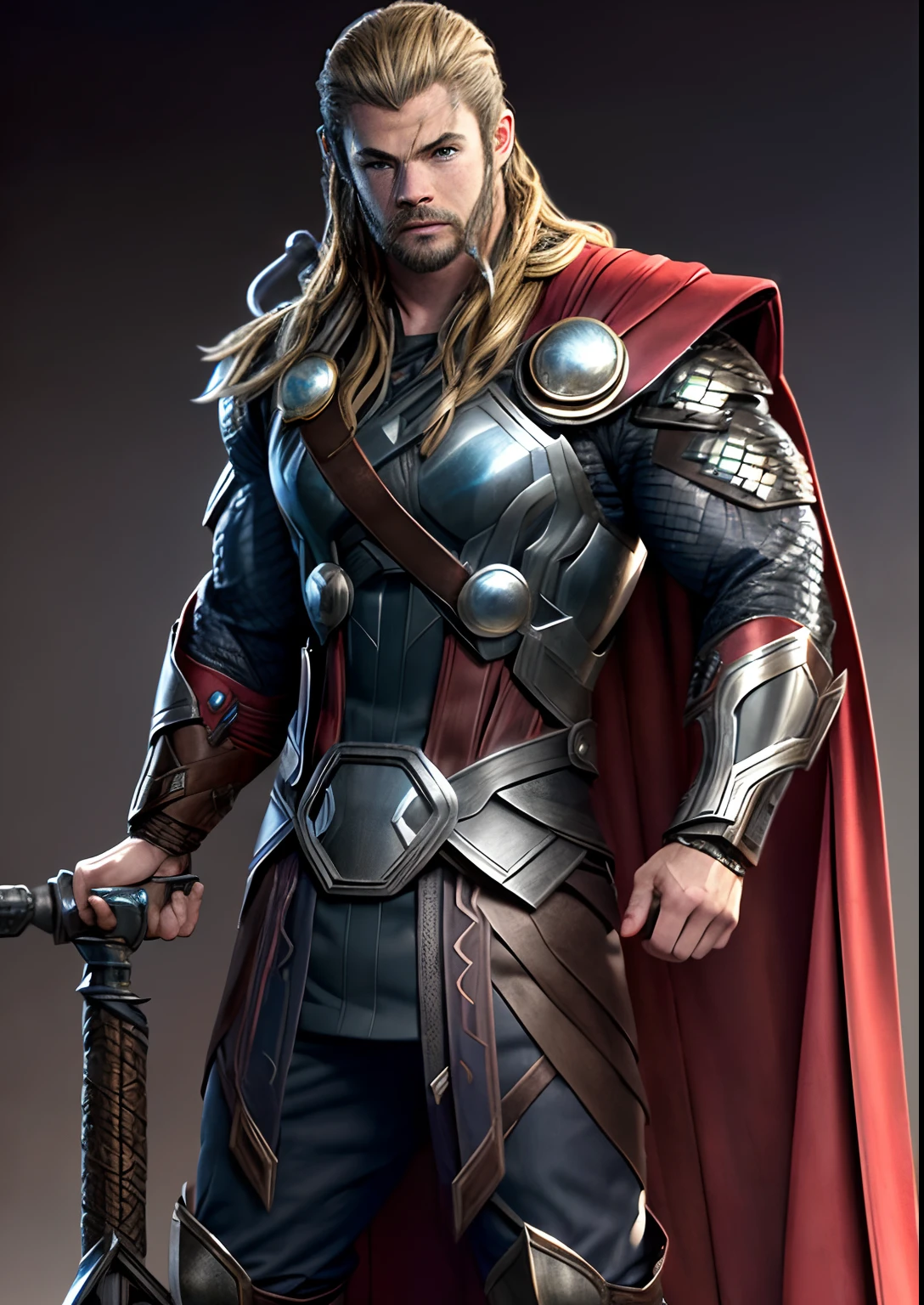 (photorealistic), (dramatic), (fantasy render), concept art, (full torso), (3/4 view:1.17), (Thor steampunk style), (((Thor Odinson|Chris Hemsworth))), brass:1.3, metals, gears, intricate, weathered, (red cape:1.33), realistic, volumetric lighting, simple background, masterpiece, centered