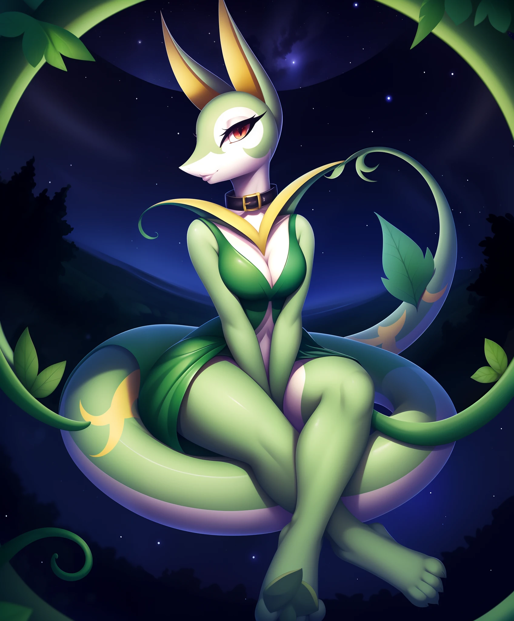 serperior, furry female, anthro, reptile girl, (high collar:1.3), animal ears, solo, (vine tail:1.3), (best quality), (close:1.3), (detailed night nature background:1.2), leaf-dress, (fisheye:1.2), diffuse lighting, night, night sky, stars, (detailed skin:1.1), looking at viewer, parted lips, animal feet, toes, fingers,