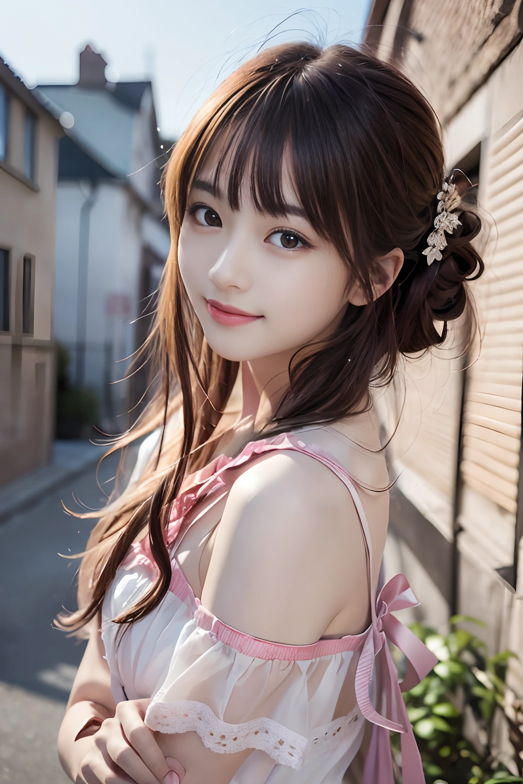top-quality、masterpiece、超A high resolution、(Photorealsitic:1.4)、1girl in、shoulder、enticing、looking in camera、smil