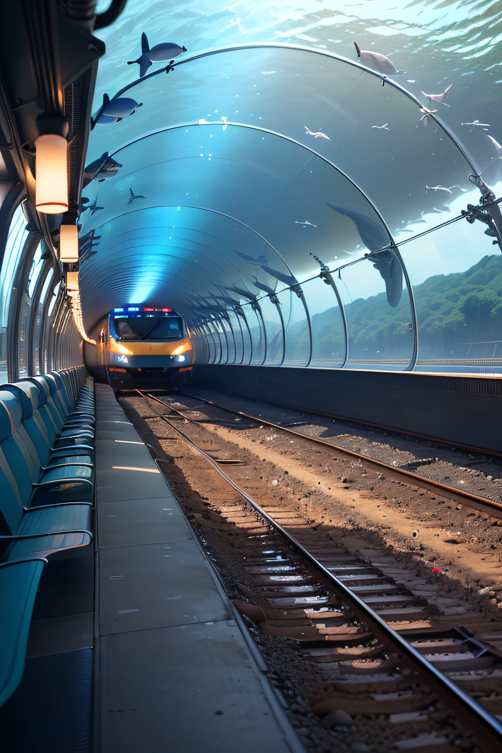 (Waste soil style,Harmony high-speed rail,Drive through a glass-transparent undersea tunnel,Blue whales and swordfish are seen outside the glass of the undersea tunnel)