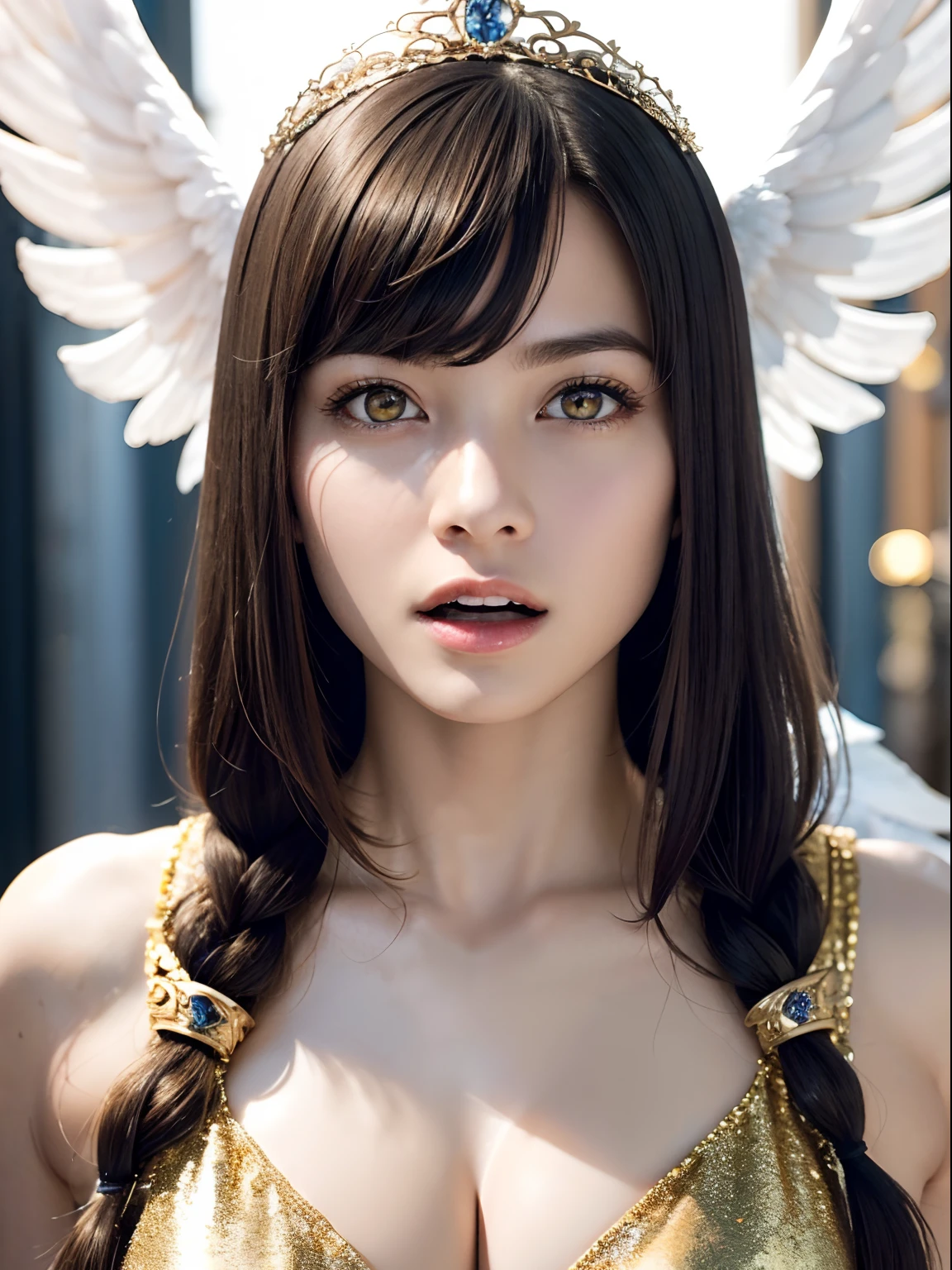Ultra-detailed complex 3D rendering of the face, (Colossal: 8.8), (masterpiece, top quality, octane rendering, 8K), glamour shot full body image, cleavage, (highly detailed skin: 1.2), (exposure: 1.1), (blonde), (wearing a plummet tank top of gold silk: 1.5)), blonde hair, beautiful Caucasian woman with full soft breasts and white skin, one with big ass, long braided hair, big breasts, dynamic angle, mystical expression, ultra-realistic photography, (((((portrait))), bare feet, futuristic city background, facial muscles, detailed and beautiful queen tiara, in the style of Marvel Comics, clear focus, studio photography, intricate details, highly detailed, detailed yellow eyes, sharp focus, digital rendering, professional, abs, ((((sexy pose))), natural jungle, open mouth lightly, mansle, open crotch, seductive look, angel ring, detailed angel wings, angel ring, detailed mouth inside,