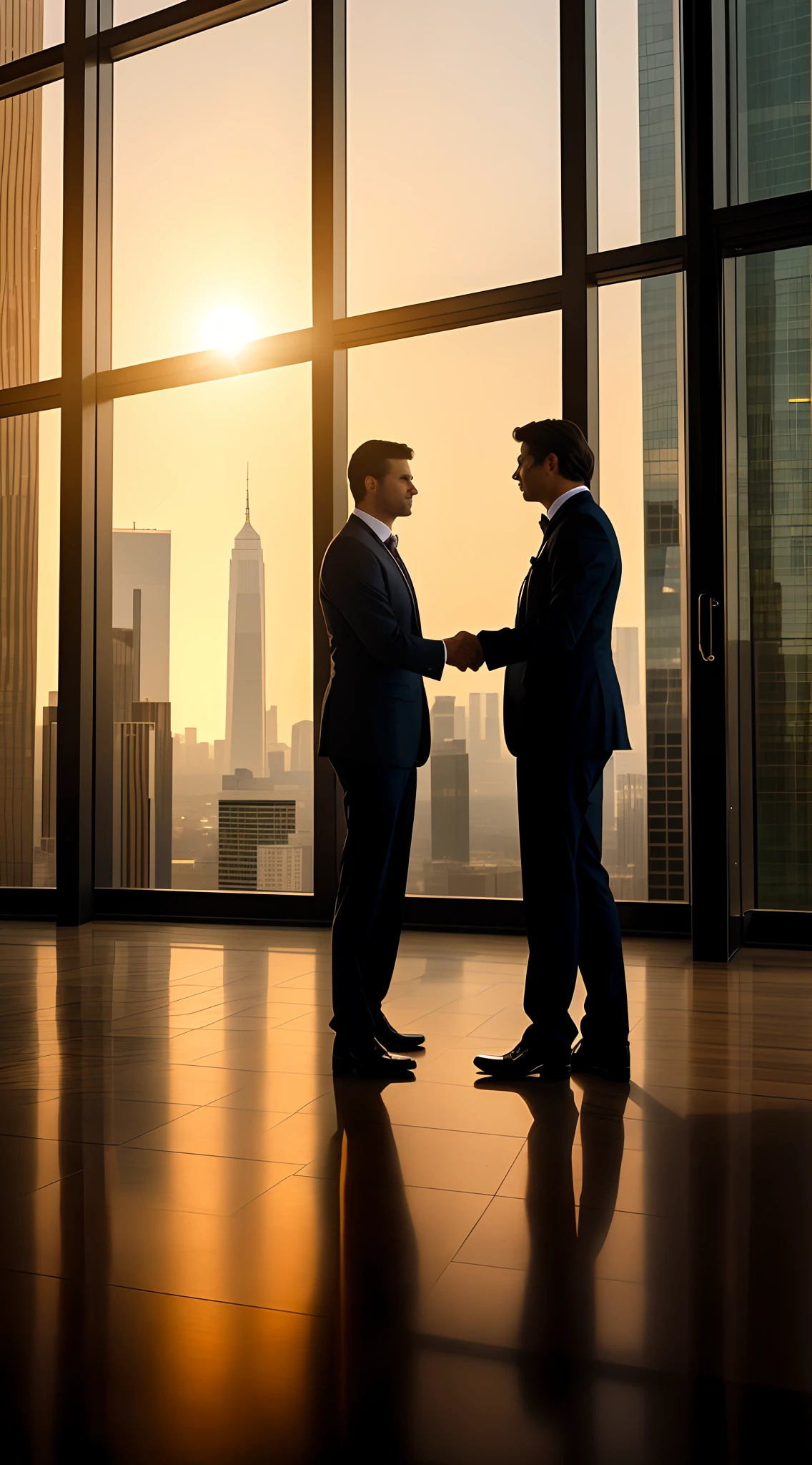 Businessman shaking hands in large office with city views, Shaking hands, high-quality picture, advertising photograph, A high resolution, A high resolution, dialogue, motivational, promo image, Keep it closed, The image is of high quality, business meeting, image, professional cooperate, professional image, interesting background, realistic scene, friendly, creating an ominous presence, close scene, In the spotlight，tmasterpiece
