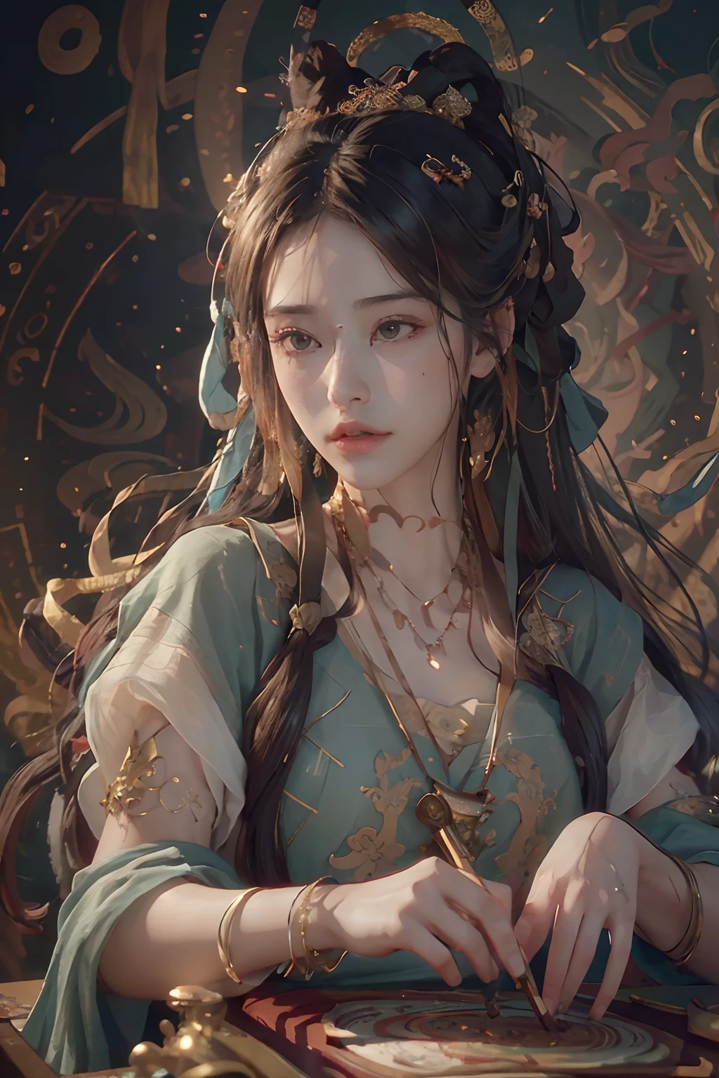 (RAW photo, best quality), (realistic, photo-realistic:1.3),best quality,highly detailed,masterpiece,ultra-detailed,illustration,1girl,upper_body,dynamic angle,world masterpiece theater,messy_long_hair,best quality,extremely detailed CG unity 8k wallpaper,ink,Amazing,cinematic lighting,lens_flare,,dunhuang_style
