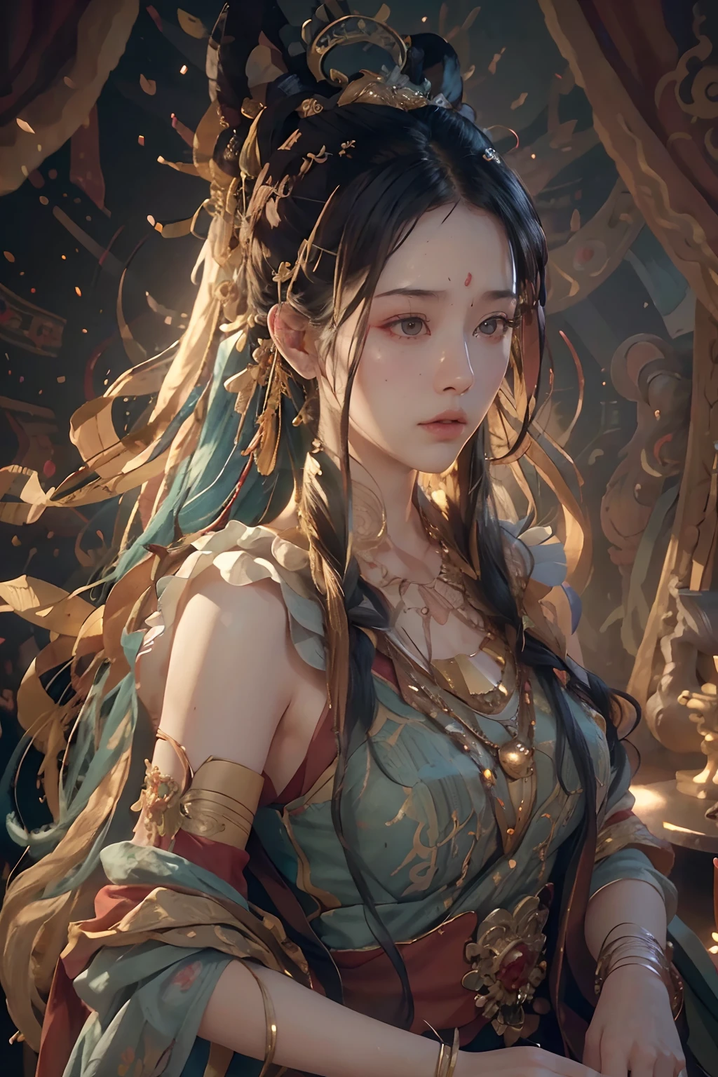 (RAW photo, best quality), (realistic, photo-realistic:1.3),best quality,highly detailed,masterpiece,ultra-detailed,illustration,1girl,upper_body,dynamic angle,world masterpiece theater,messy_long_hair,best quality,extremely detailed CG unity 8k wallpaper,ink,Amazing,cinematic lighting,lens_flare,,dunhuang_style