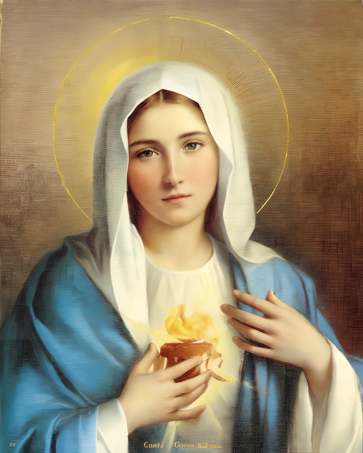 (((Saint Virgin Mary. 19 years old))) ((( Con una cara seria y piadosa. Con una mirada dulce y tierna))) (obra maestra, calidad superior, mejor calidad, arte oficial, beautiful and aesthetic: 1.2), (1girl), extremadamente detallado, (Arte fractal: 1.3), colorido, highest detailed, Cara perfecta, parte superior del cuerpo, HDR, (orando: 1.3), (golden lines of white coat: 1.2), galaxia, (rayas de luz), eye-catching visuals, (dynamic stripes, senderos luminosos: 1.2), colores vibrantes,