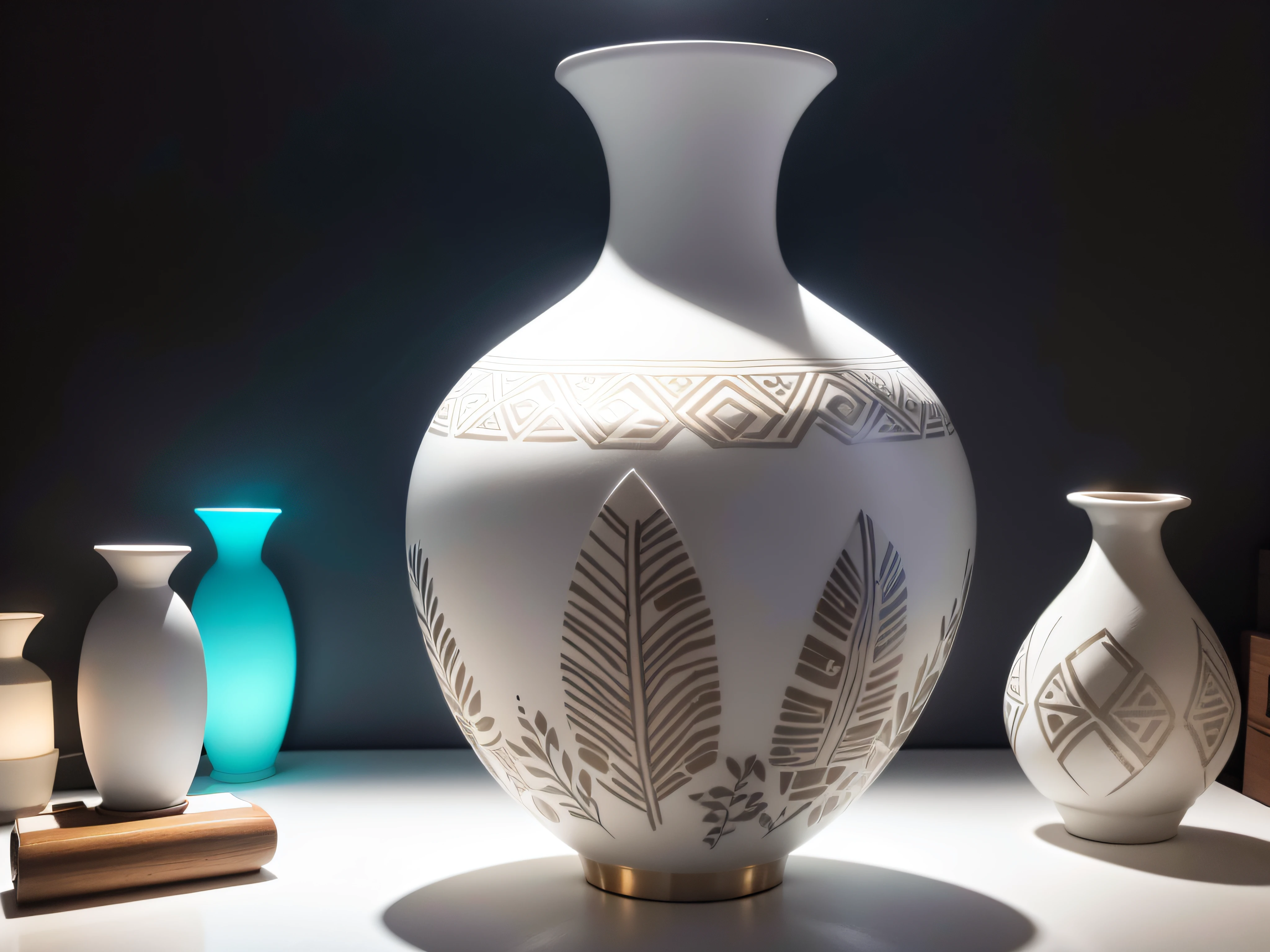 Unique vase, blanco con adornos aztecas dorados sobre fondo oscuro, foco nítido, Complete minimalist lighting.