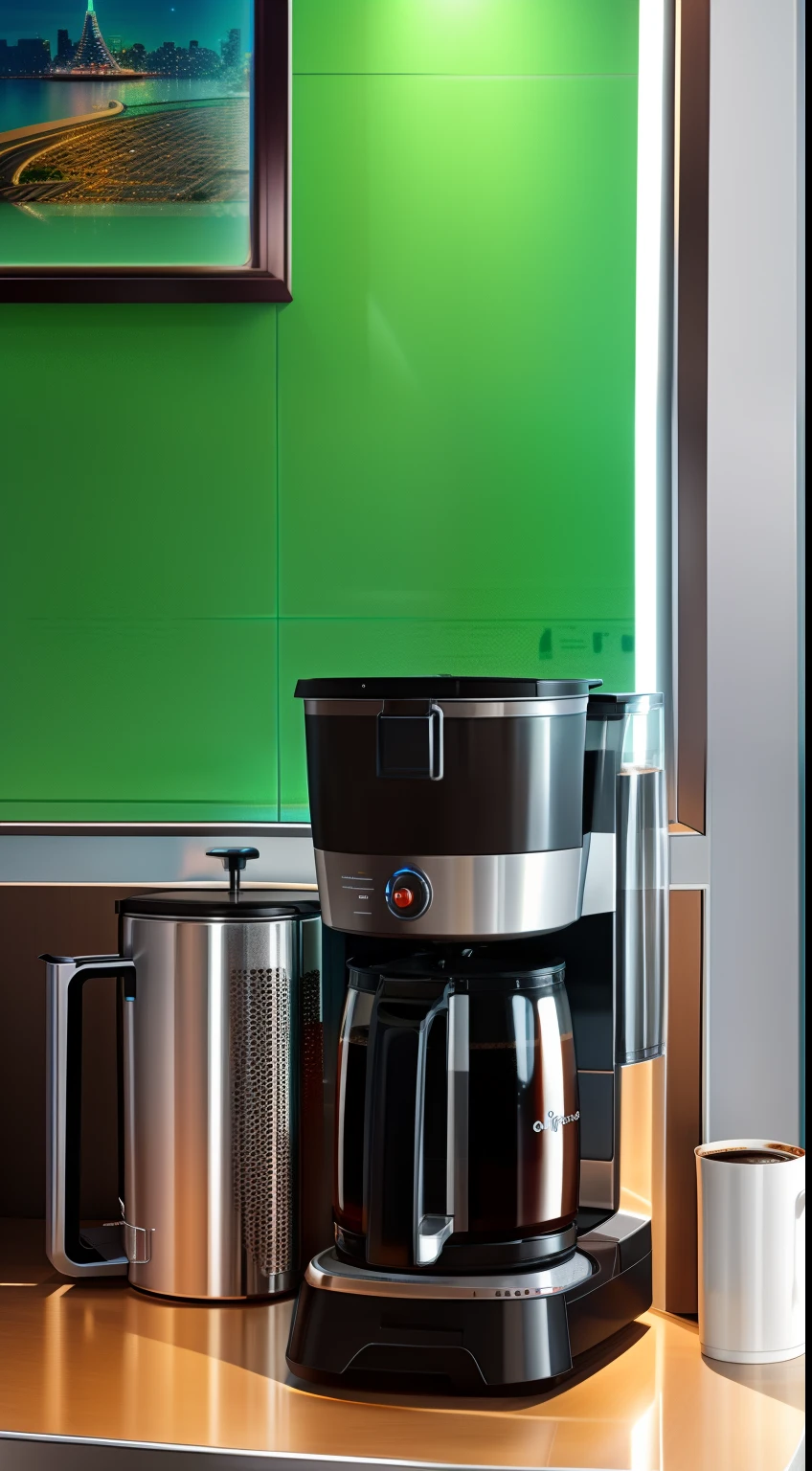 There is a coffee maker in the kitchen, Outside the window is the Cyber City。