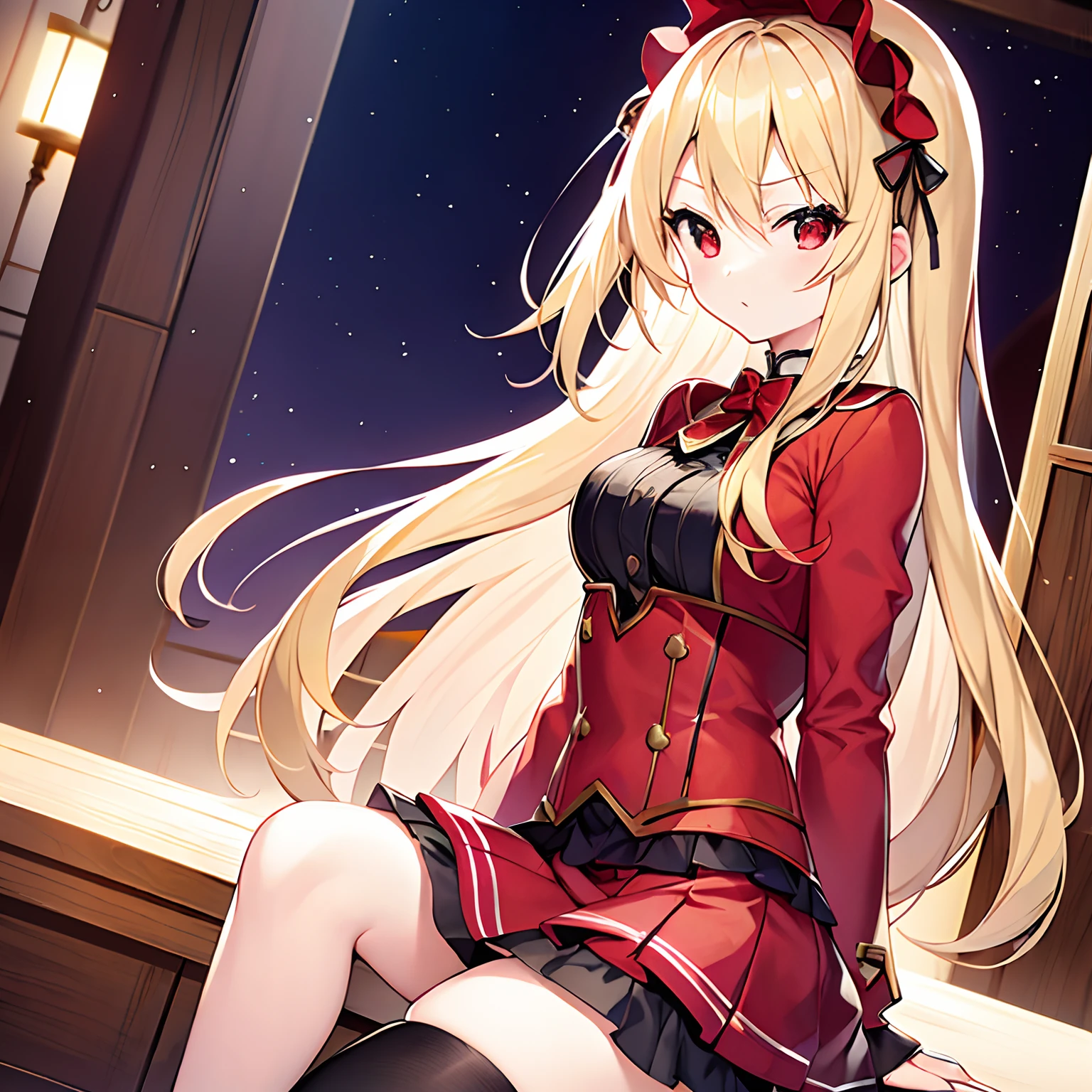 a blond、red eyes、Beautiful girl alone、独奏、animesque、borgar、Bright red Gothic ta、a miniskirt、sitting on