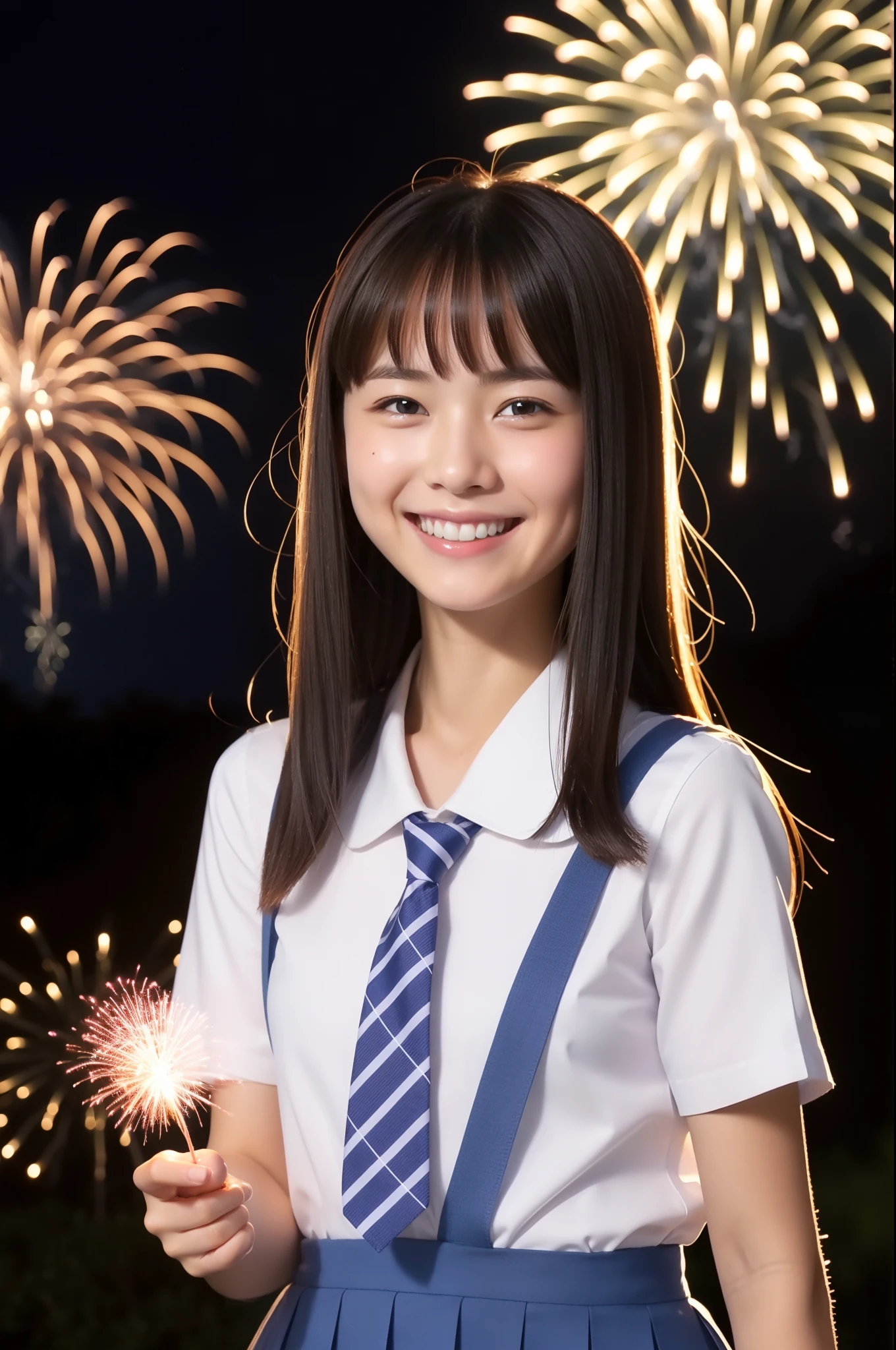 A smile、hi-school girl、While doing fireworks