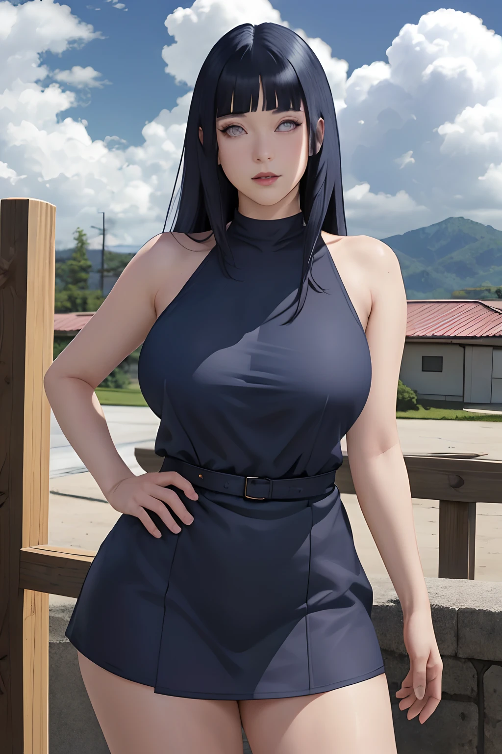 masterpiece, hinata\(boruto\), 1girl, solo, mature female, (((completely naked))), thicc ass, ((perverted)), outdoors, looking at viewer, cloudy sky, perfect composition, detailed lips, big breast, beautiful face, body propotion, blush, (pink lips), ((long hair)), purple eyes, soft gaze, sad smile, super realistic, detailed, photoshoot, realistic face and body, realistic hair, realistic eyes, realistic nose, realistic lips, (((dark blue hair))), sleeveless dress
