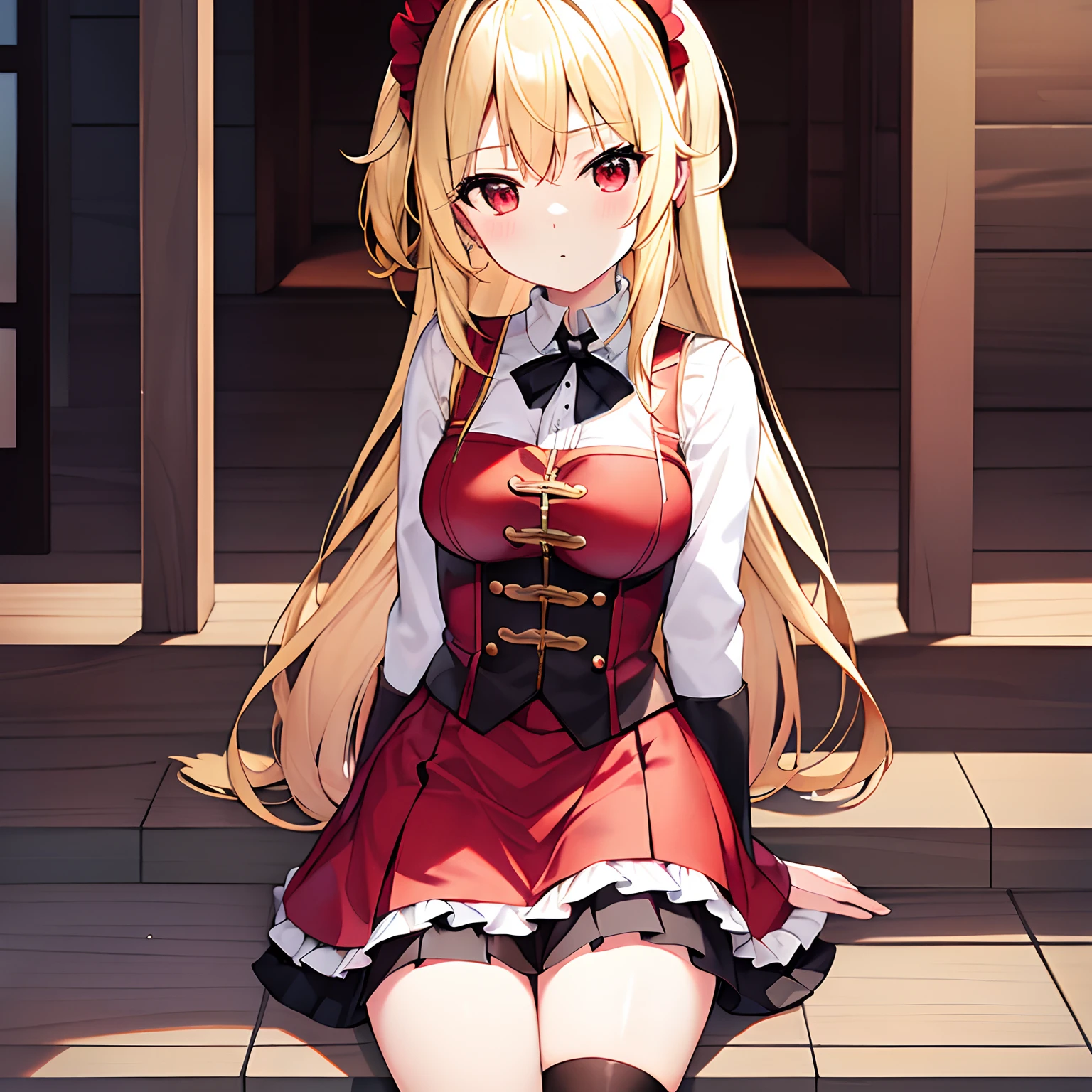 a blond、red eyes、Beautiful girl alone、独奏、animesque、borgar、Bright red Gothic ta、a miniskirt、sitting on