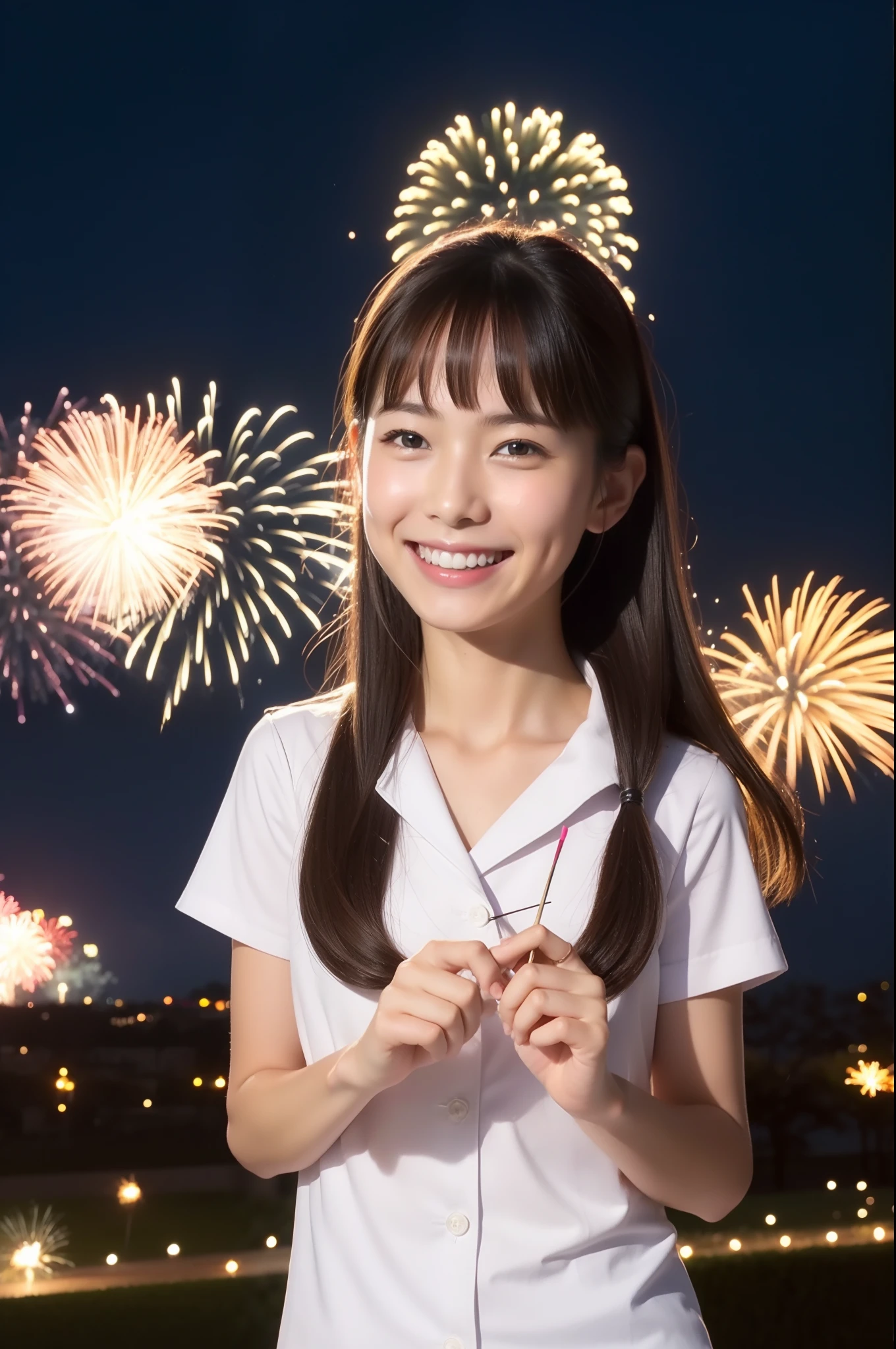 A smile、hi-school girl、While doing fireworks