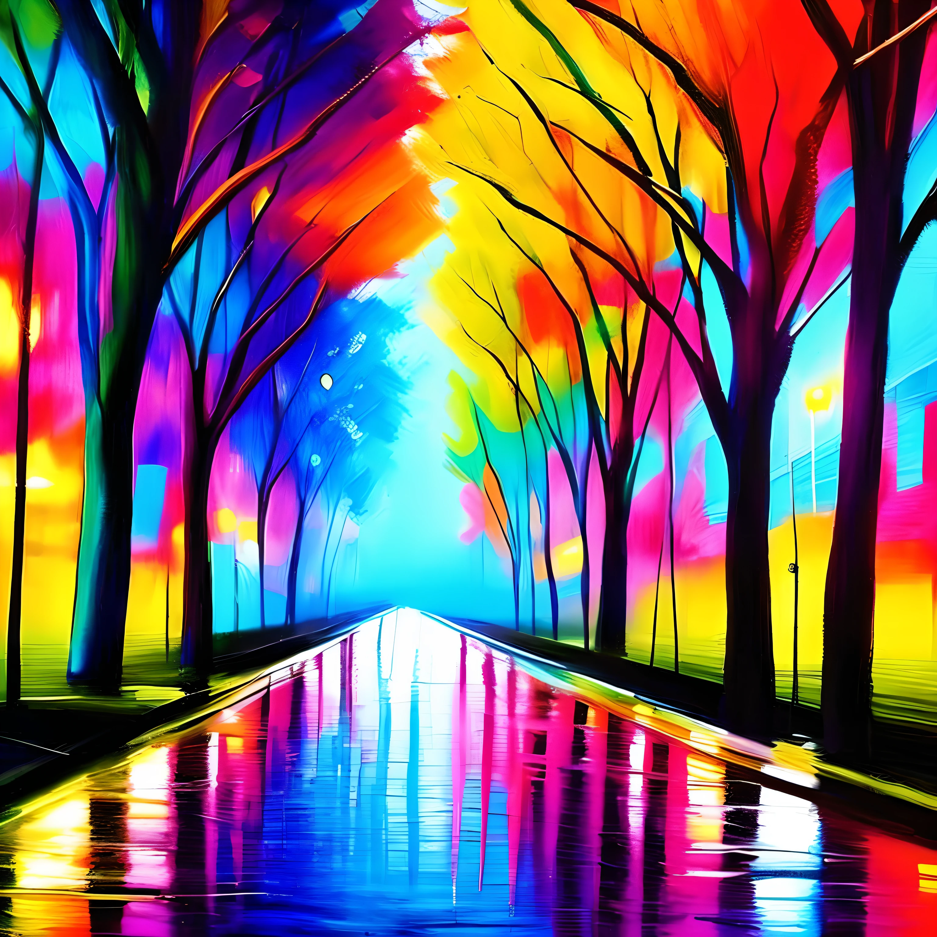 abstract painting of trees street, cyberpunk, vivid colors