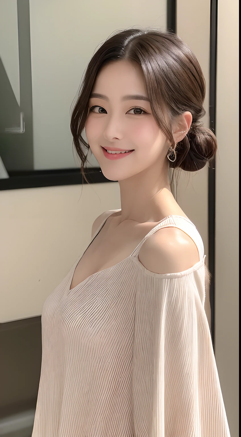 ((Best Picture Quality, 8k, tmasterpiece:1.3)), 1girl, Beautiful woman with slender abs:1.3, (Casual hairstyle,Don't leak big breasts:1.2), shift dresses:1.1, Ultra-fine face, A detailed eye, 二重まぶた，ssmile，Home，Raised