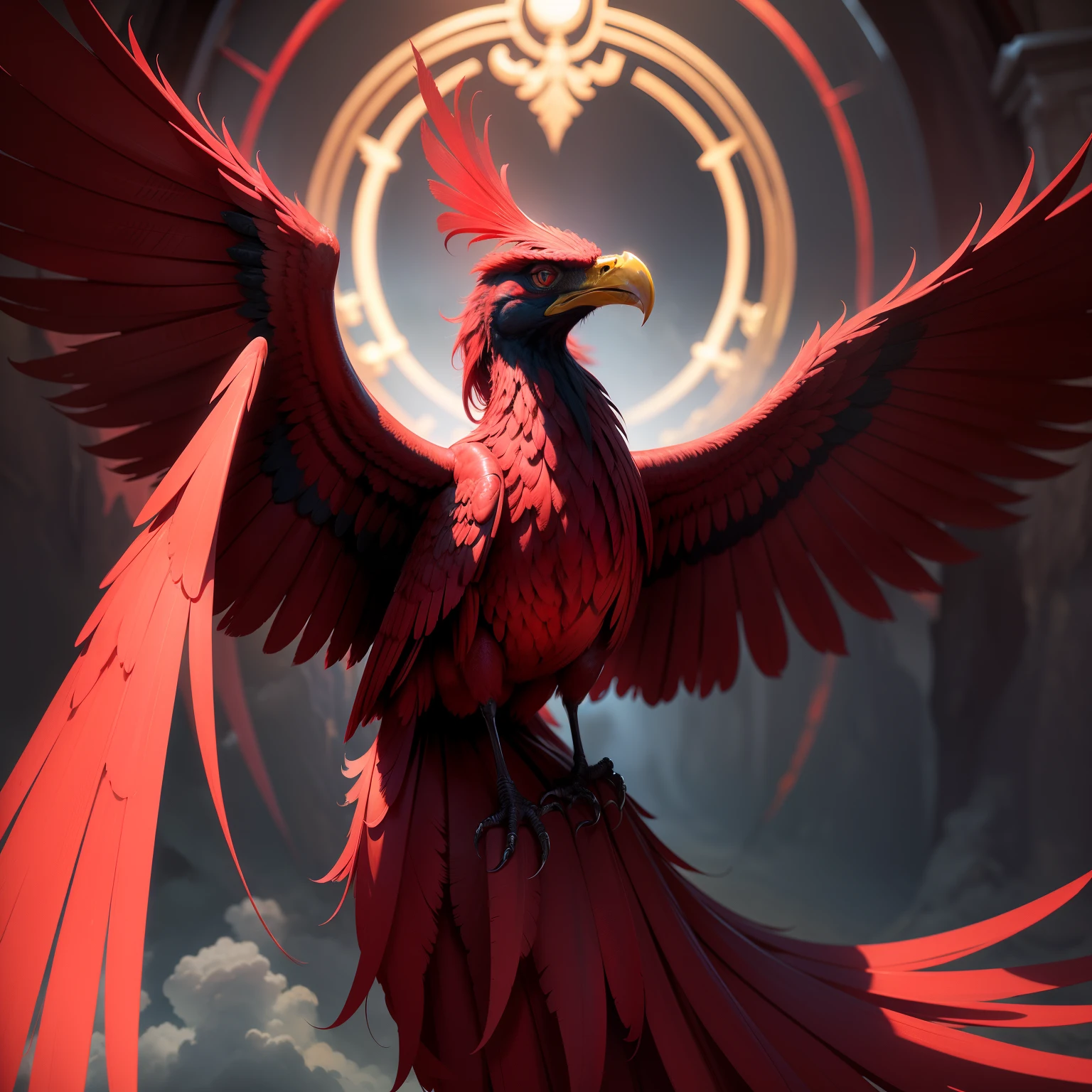 Uma fenix vermelha voando olhando para a camera brava