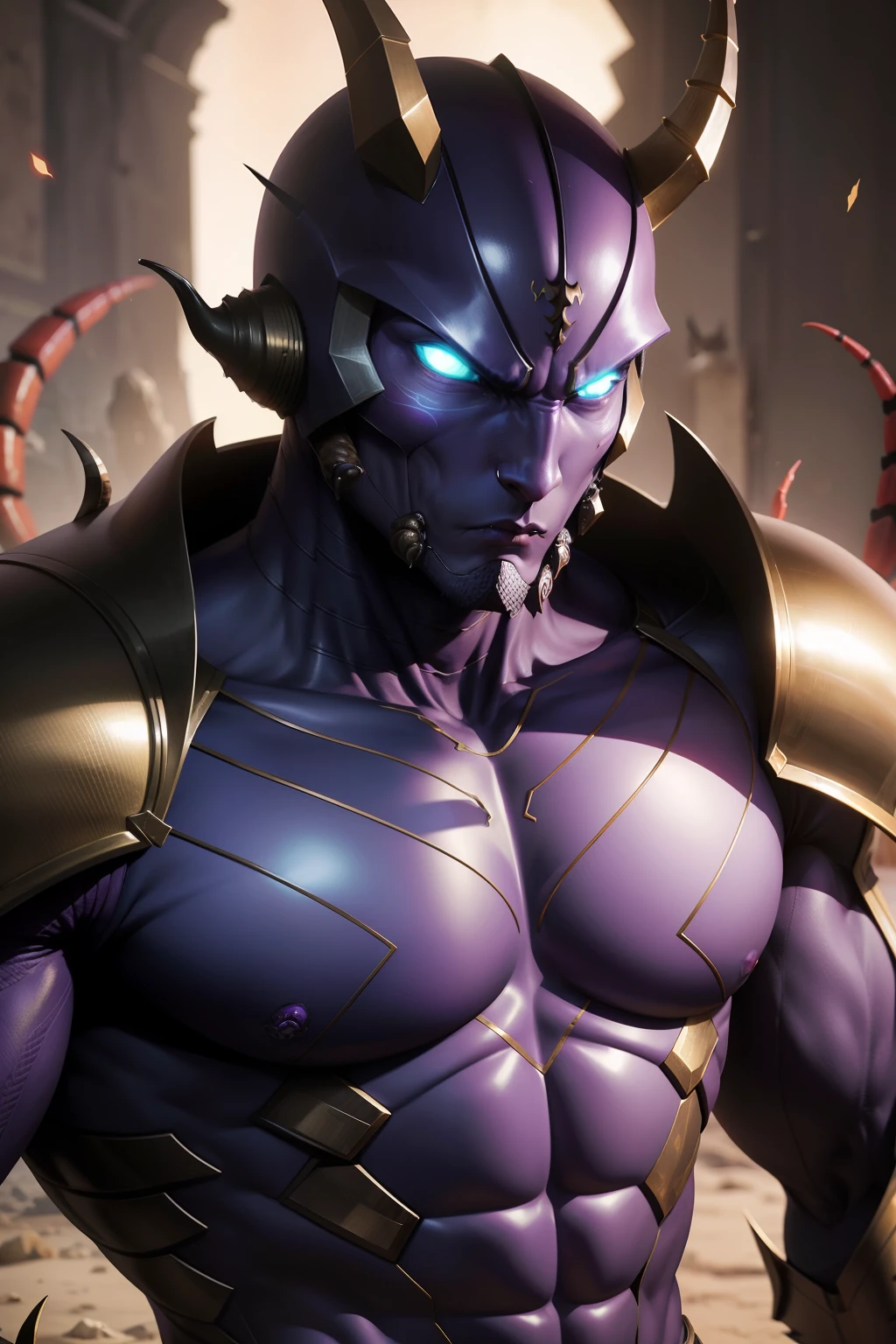 Insect humans、Scorpion Man、mutant、kook、Horns on the head、On the chest is a scorpion mark、skinny  body、Purple body、Wearing metal armor、seaside backgroud、
