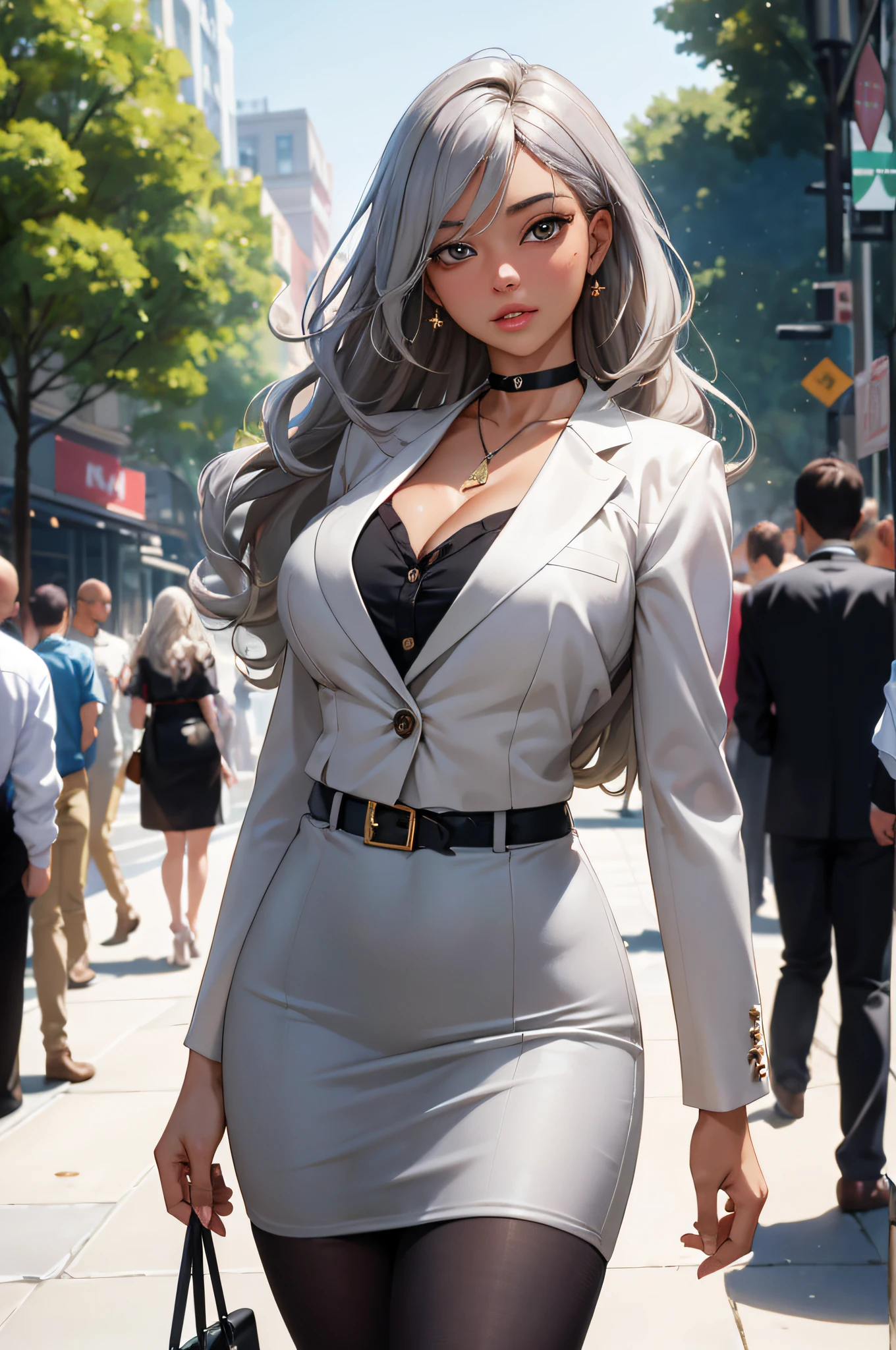 (top-quality、8K、32K、masterpiece、nffsw:1.3)、(Photorealsitic:1.4)、Raw photography、(Beautiful, Perfect, Delicate, Detailed, Convoluted, Aesthetic:1.2), cinematic shot, Natural light, light Particle, Sunlight, Atmospheric, Vivid colors, (depth of fields:1.4), Looking at Viewer, (Ebony:1.4), (Black skin:1.4), (Perfect face, Detailed face, eye line, Glossy lips), (huge-breasted, Narrow waist), (Long wavy hair, Gray hair, Grey Hair), (Delicate pencil skirt, Delicate thighs, Blazer, lanyard, Open buckle, cleavage, Choker, Jewelry), (Skindentation), Outdoors, Busy Square, People in the background, Large crowds, Buildings, Trees, Plants, garden, A city scape, Bolides, (Cowboy Shot:1.4),