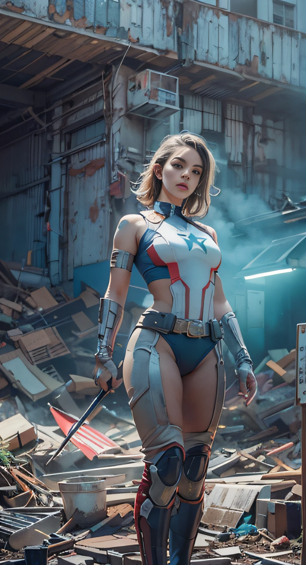 (1girl:1.3), solo, __body-parts__, official art, unified 8k wallpaper, super detailed, beautiful and aesthetic, beautiful, masterpiece, best quality, raw, masterpiece, super fine photo, best quality, super high resolution, photorealistic realism, sunlight, full-body portrait, amazing beauty, dynamic pose, delicate face, vibrant eyes, (from the front), she wears a futuristic Captain America jersey, blue color scheme, (holding a shield), A capital A on chest, very detailed abandoned warehouse background, detailed face, detailed complex busy background, messy, gorgeous, milky white, highly detailed skin, realistic skin details, visible pores, sharp focus, volumetric fog, 8k uhd, DSLR camera, high quality, film grain, fair skin, photo realism, lomography, huge metropolis in future dystopia, seen from below, translucent