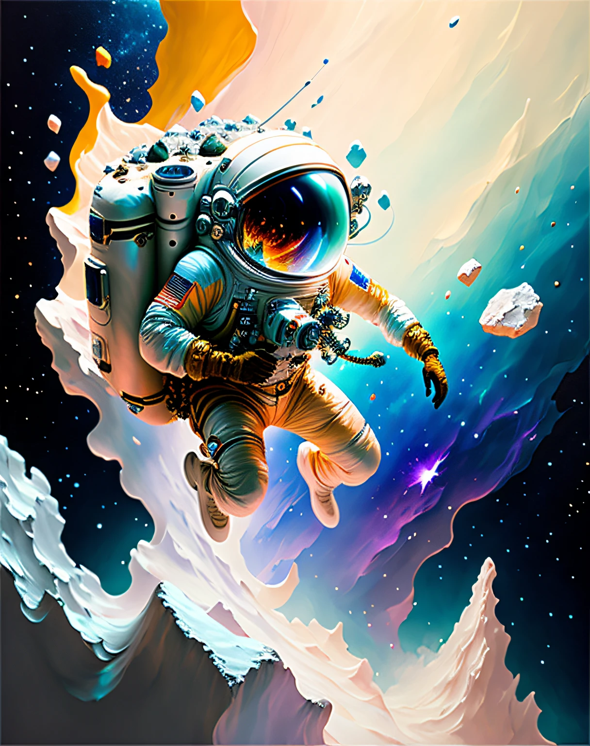 astronaut, climbing the asteroid, character render, ultra high quality model, ethereal background, abstract beauty, explosive volumetric, oil painting, heavy strokes, paint dripping